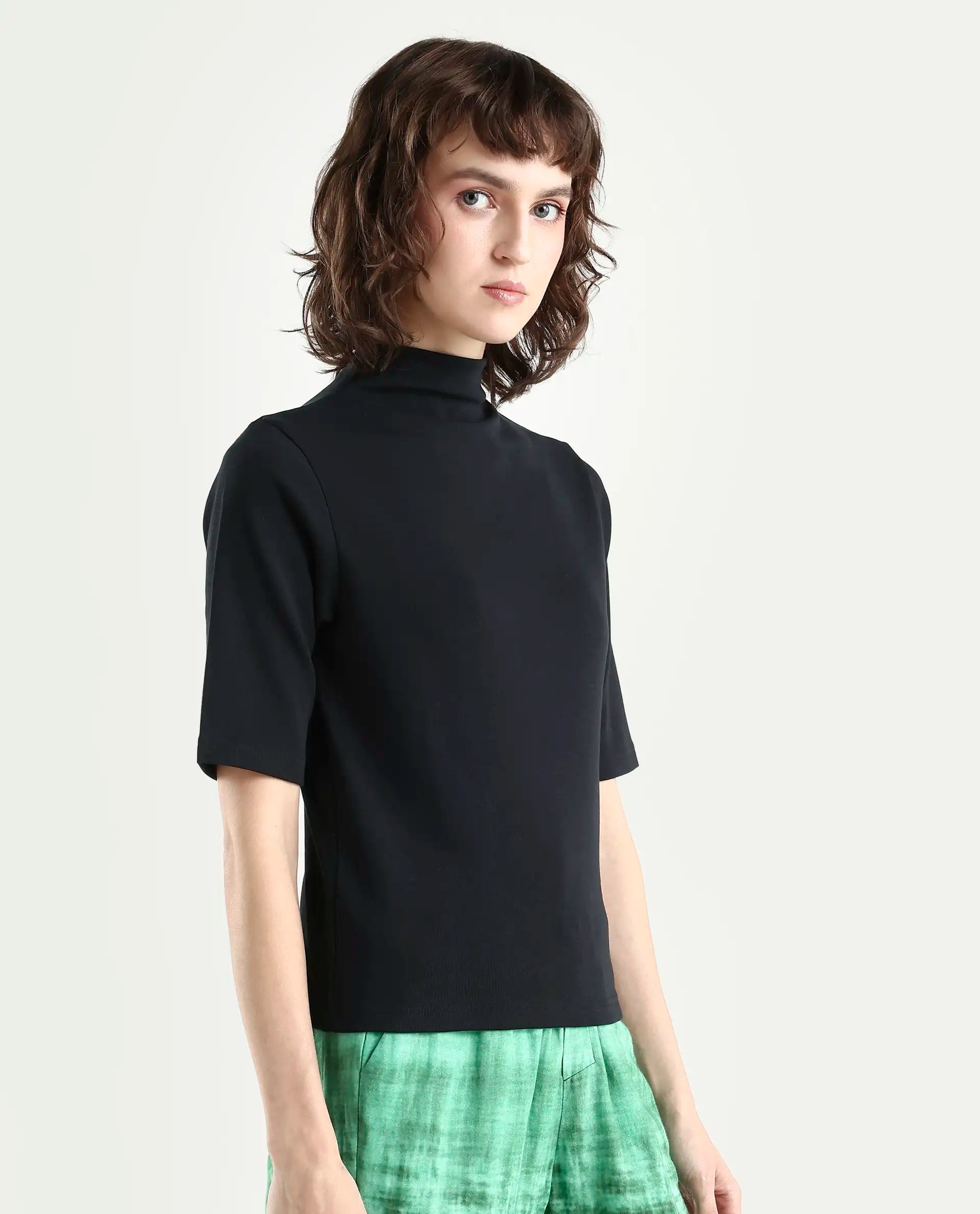 Rareism Women's Rohdrio Black Cotton Blend High Neck Plain Regular Fit Top