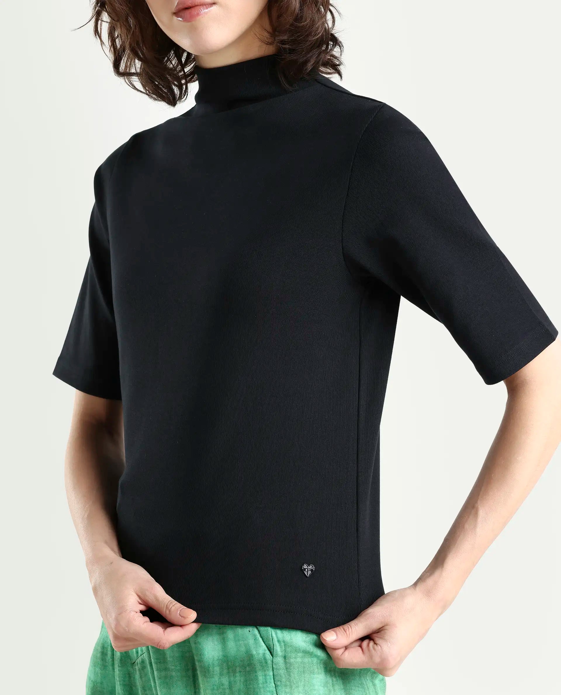 Rareism Women's Rohdrio Black Cotton Blend High Neck Plain Regular Fit Top