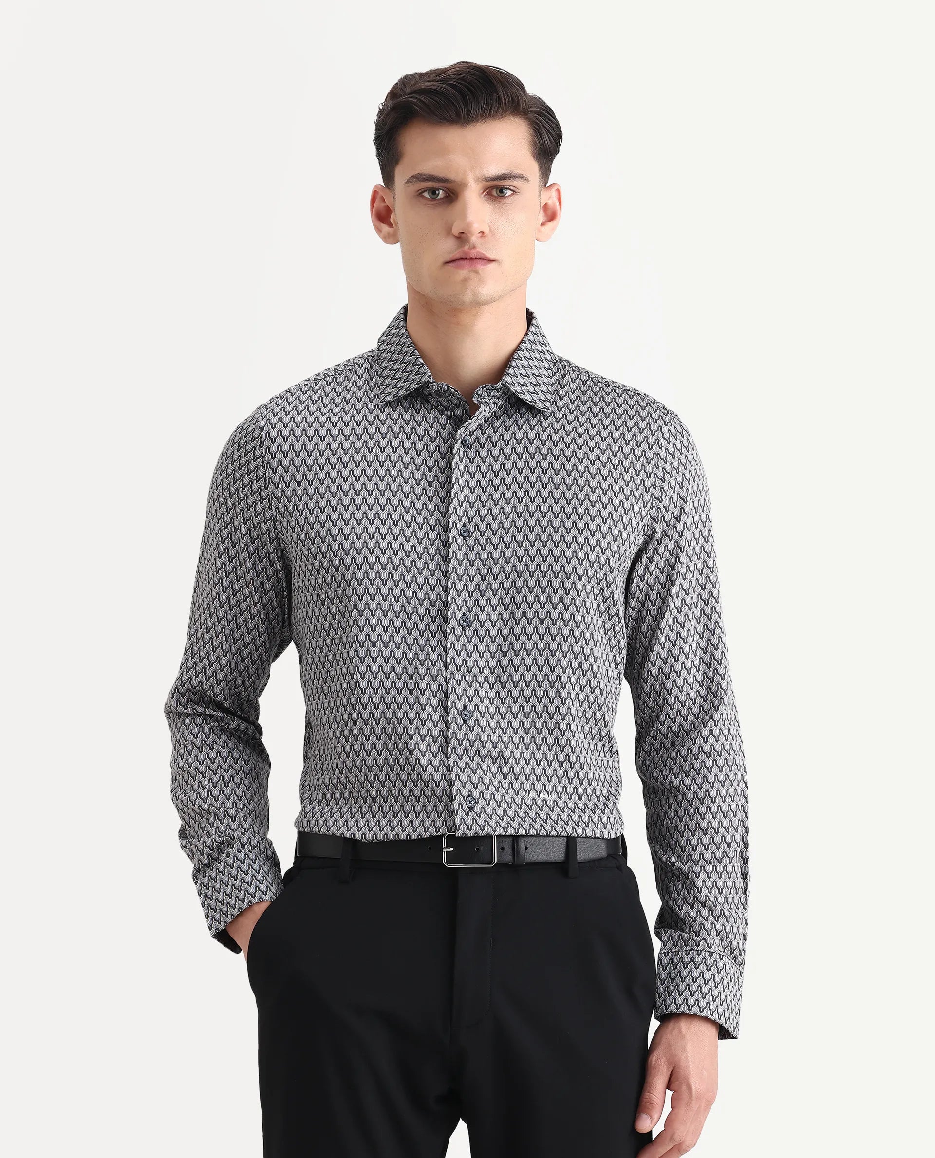 Rare Rabbit Men's Benor Grey Satin Abstract Print Regular Fit Full Sleeve Collared Shirt