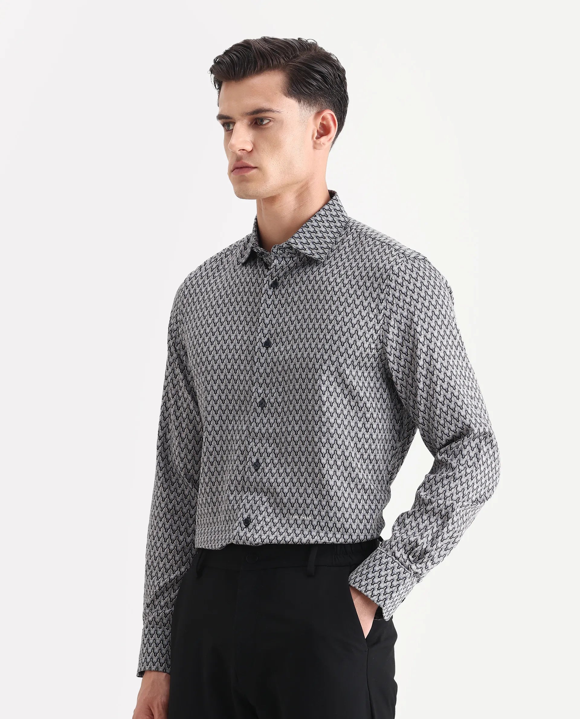 Rare Rabbit Men's Benor Grey Satin Abstract Print Regular Fit Full Sleeve Collared Shirt
