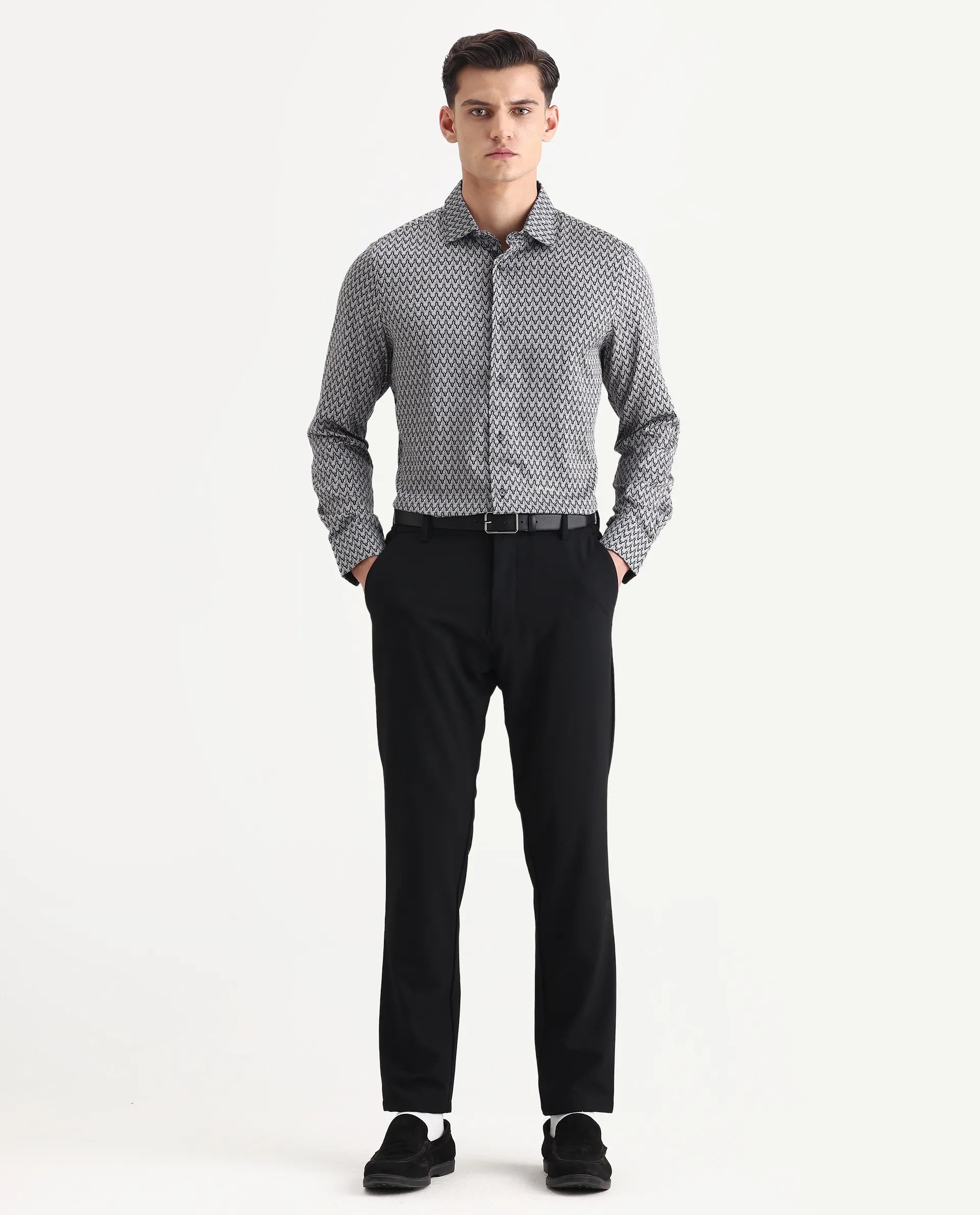 Rare Rabbit Men's Benor Grey Satin Abstract Print Regular Fit Full Sleeve Collared Shirt