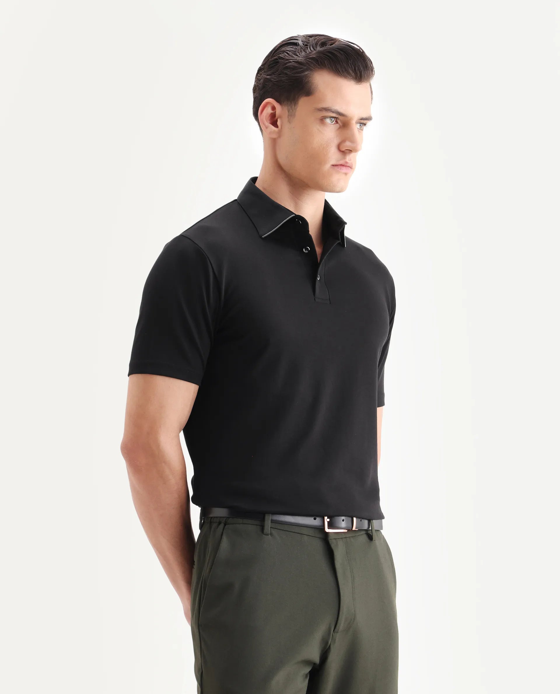 Rare Rabbit Men's Clive Black Cotton Blend Plain Regular Fit Half Sleeve Polo