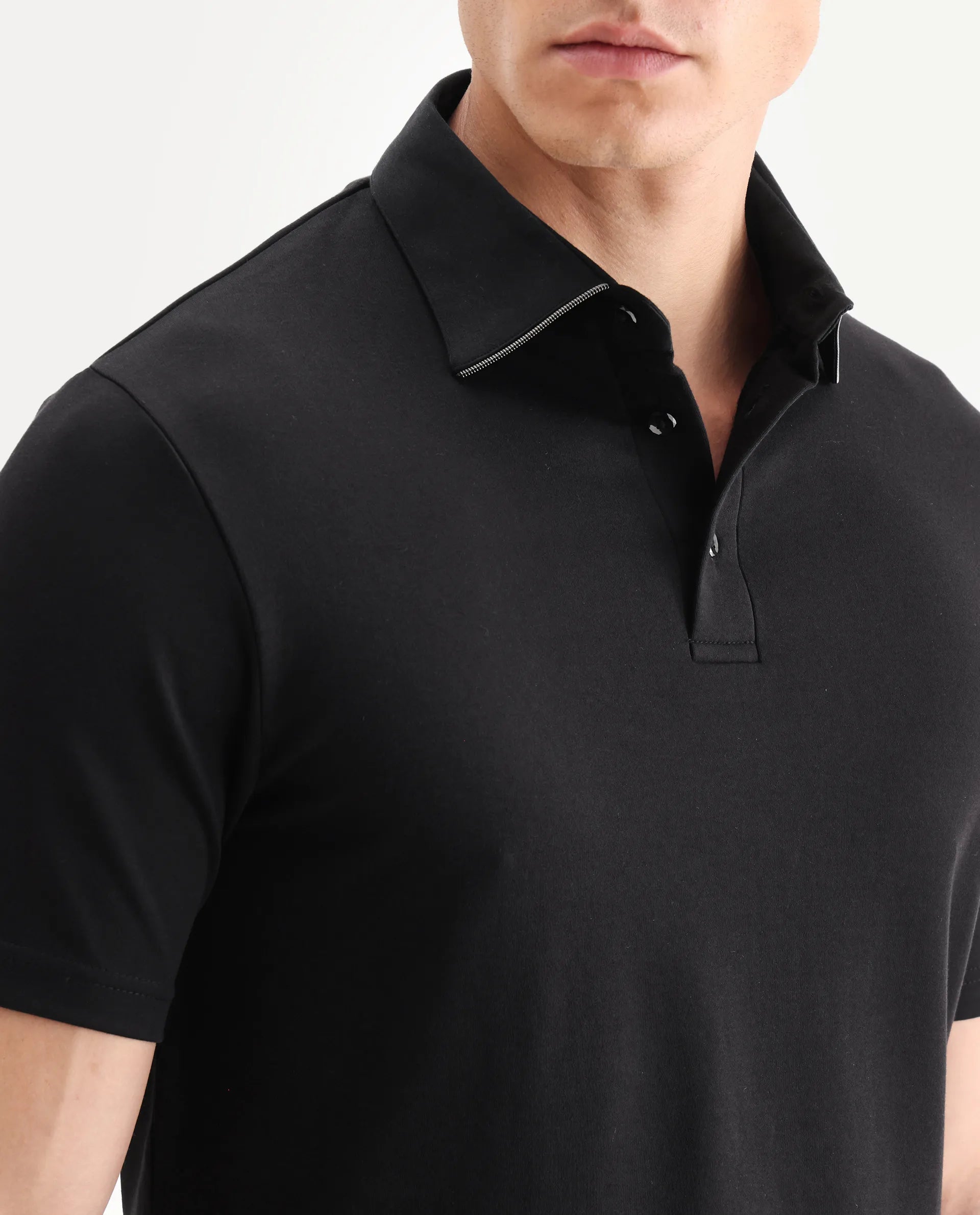 Rare Rabbit Men's Clive Black Cotton Blend Plain Regular Fit Half Sleeve Polo
