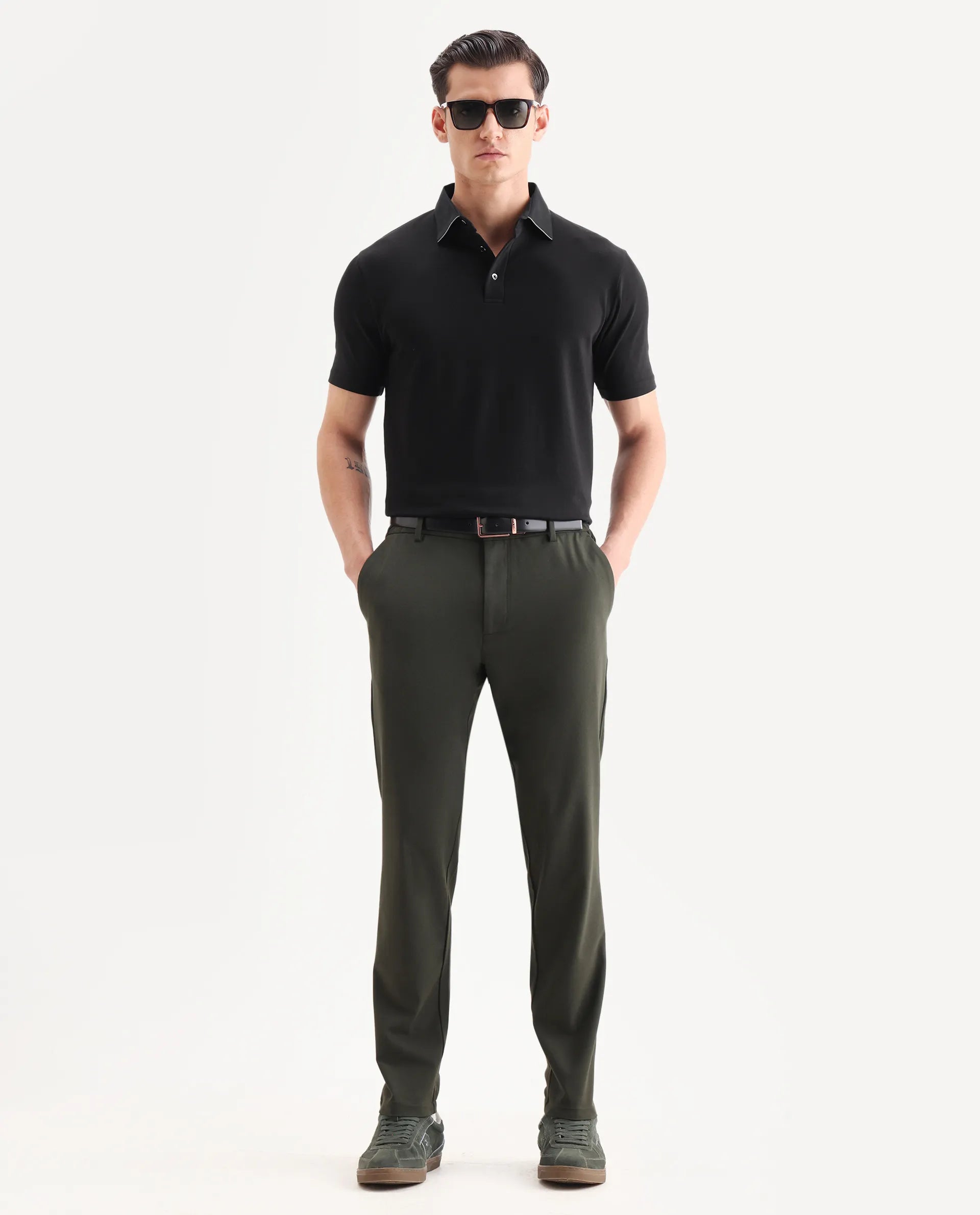 Rare Rabbit Men's Clive Black Cotton Blend Plain Regular Fit Half Sleeve Polo