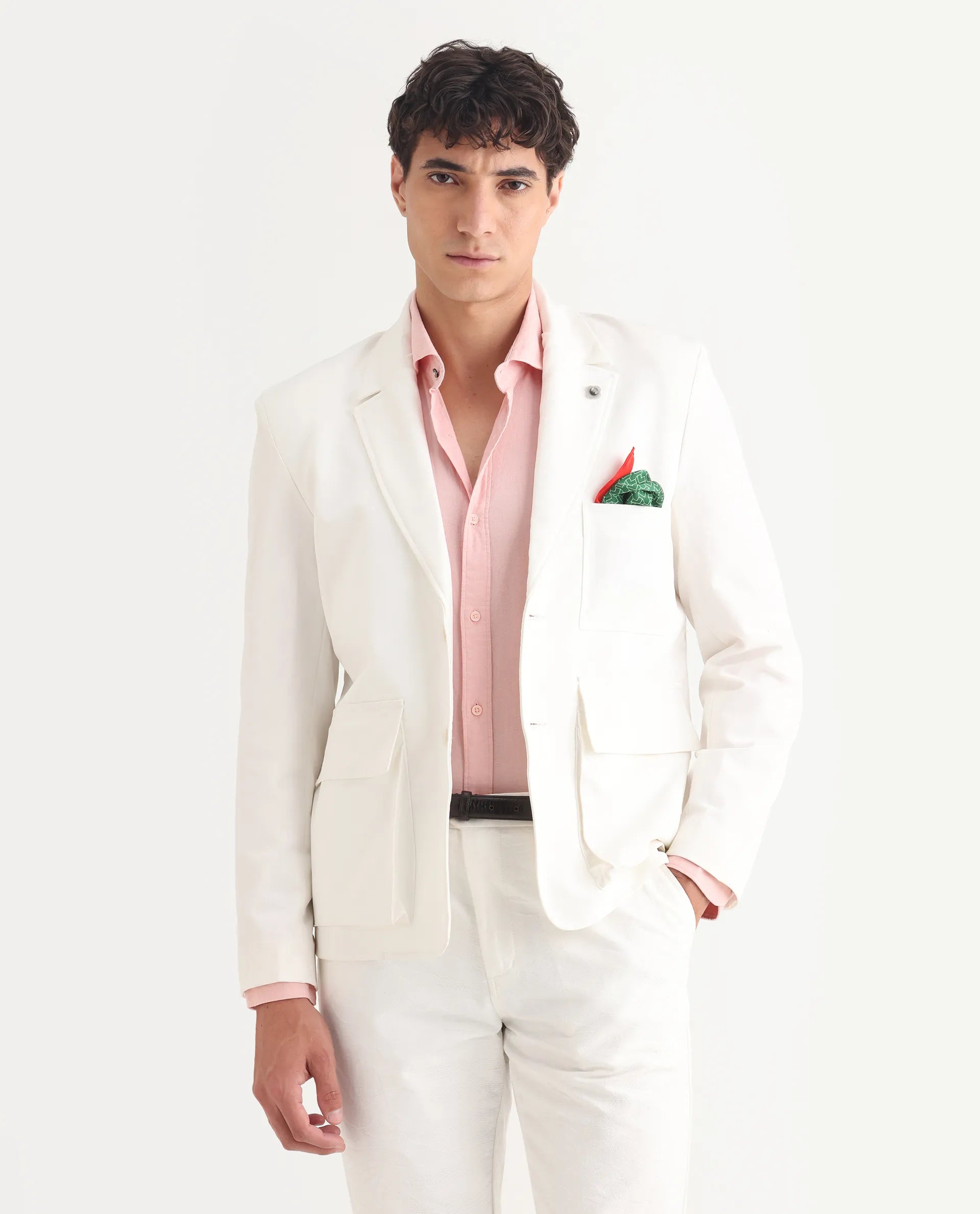 Rare Rabbit Men's Zalfo Off White Polyester Plain Regular Fit Full Sleeve Lapel Neck Jacket