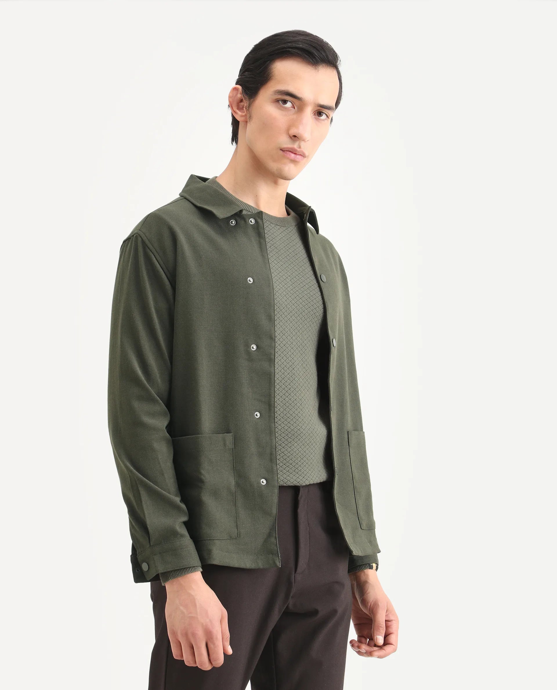 Rare Rabbit Men's Brant Olive Rayon Plain Relaxed Fit Full Sleeve Collared Shacket