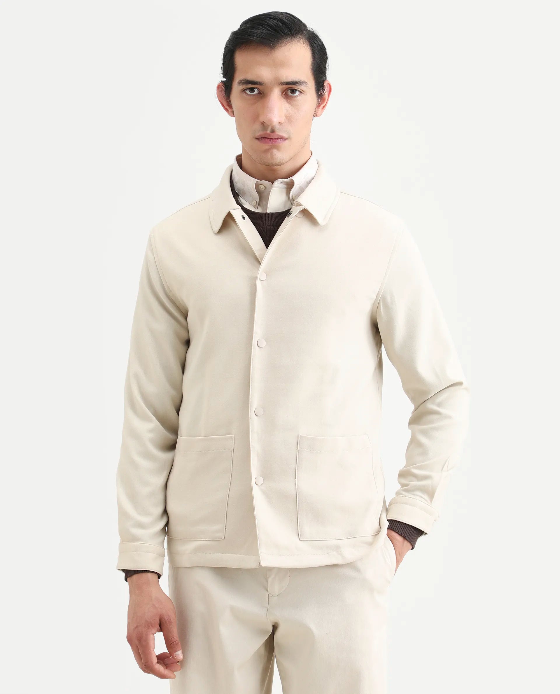 Rare Rabbit Men's Brant Off White Rayon Plain Relaxed Fit Full Sleeve Collared Shacket