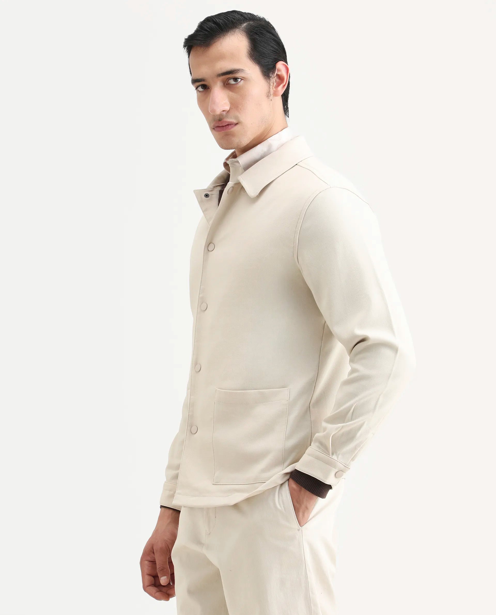 Rare Rabbit Men's Brant Off White Rayon Plain Relaxed Fit Full Sleeve Collared Shacket