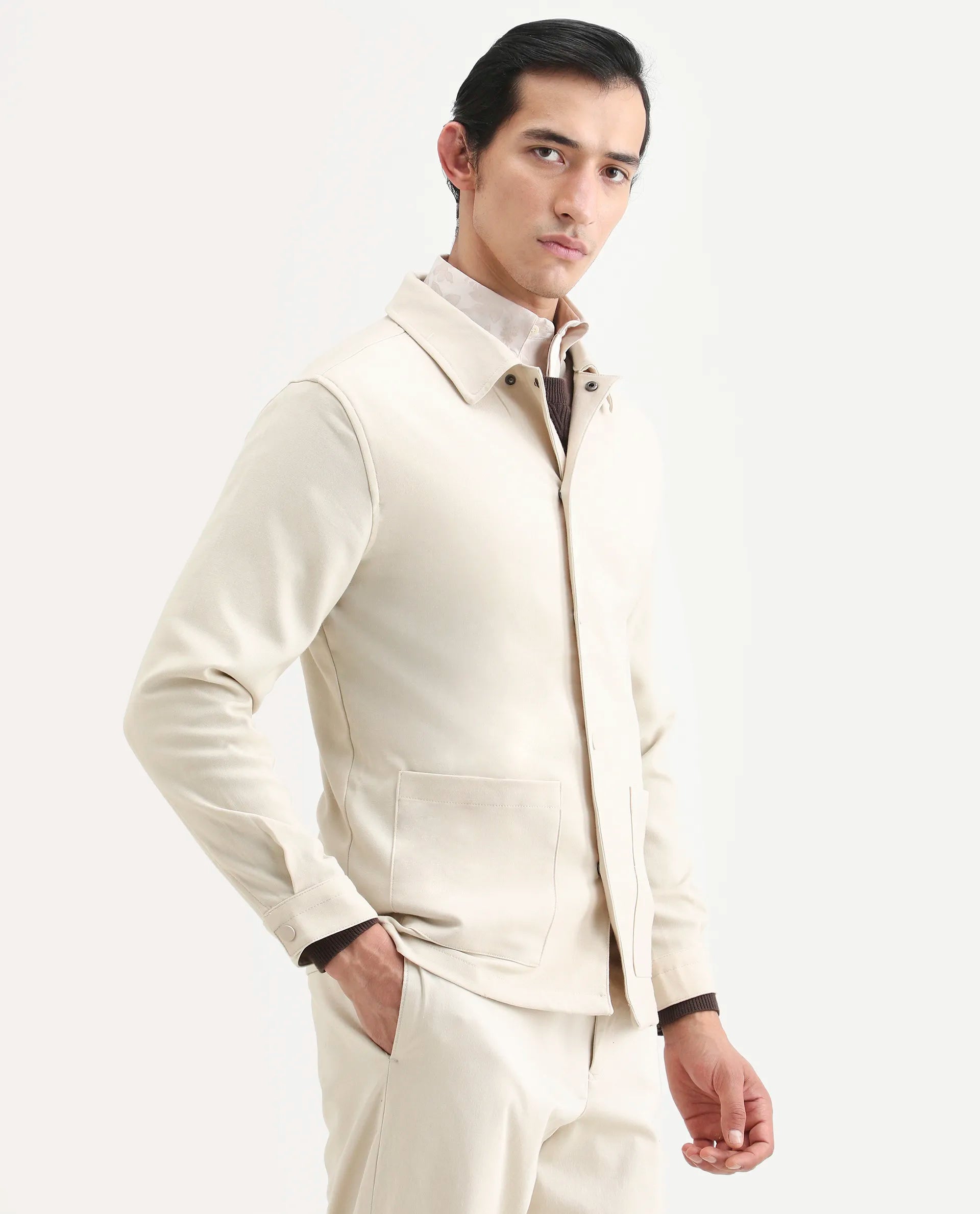 Rare Rabbit Men's Brant Off White Rayon Plain Relaxed Fit Full Sleeve Collared Shacket