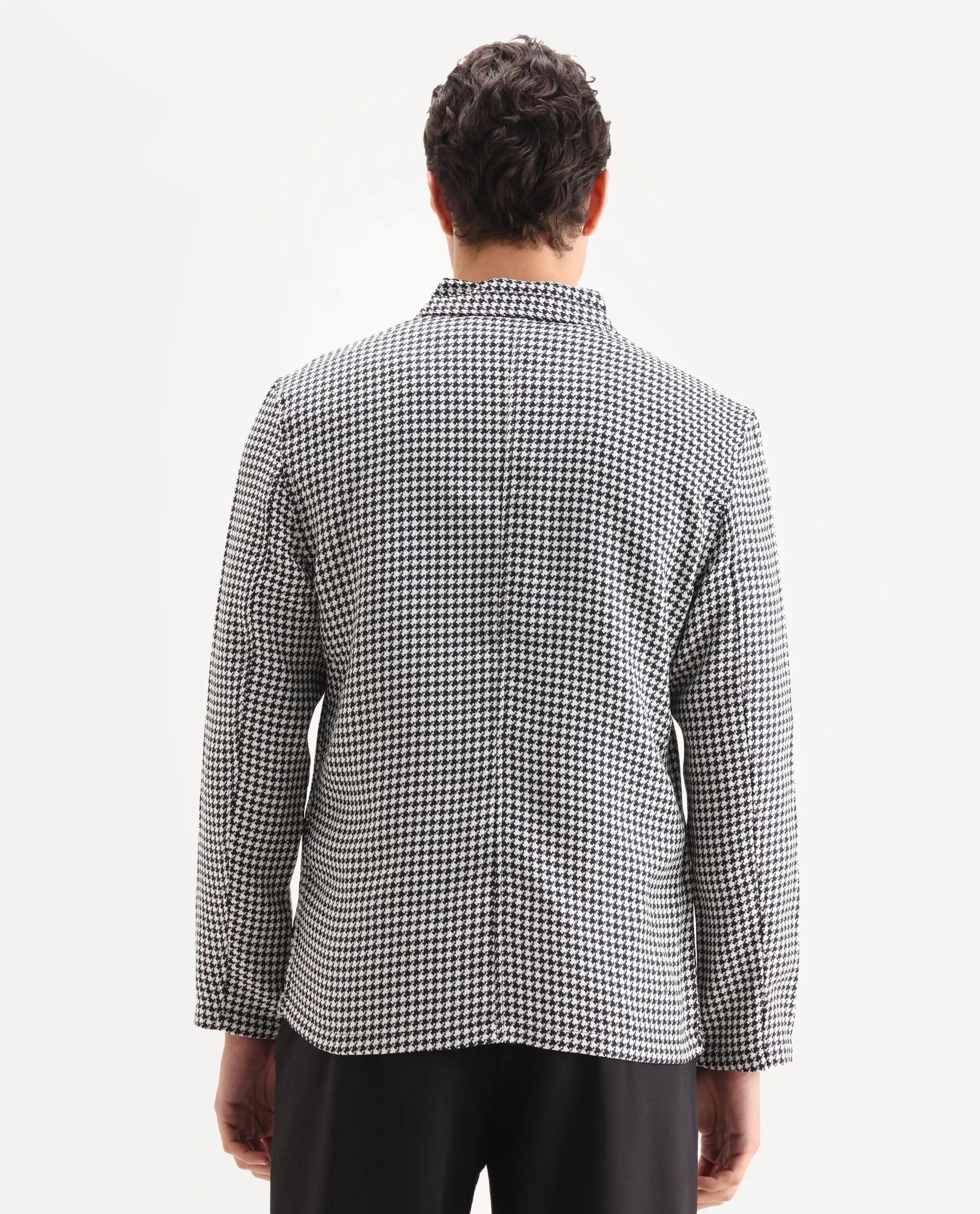 Rare Rabbit Men's Kinghound Navy Polyester Houndstooth Print Regular Fit Full Sleeve Mandarin Collar Jacket