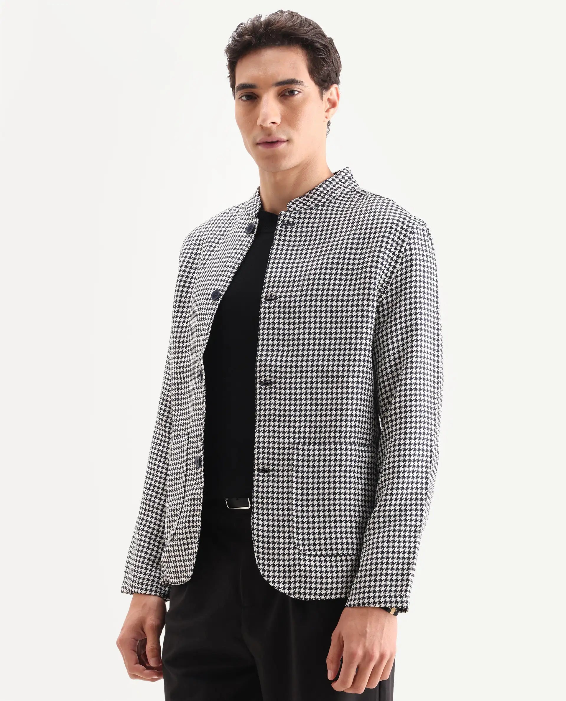 Rare Rabbit Men's Kinghound Navy Polyester Houndstooth Print Regular Fit Full Sleeve Mandarin Collar Jacket