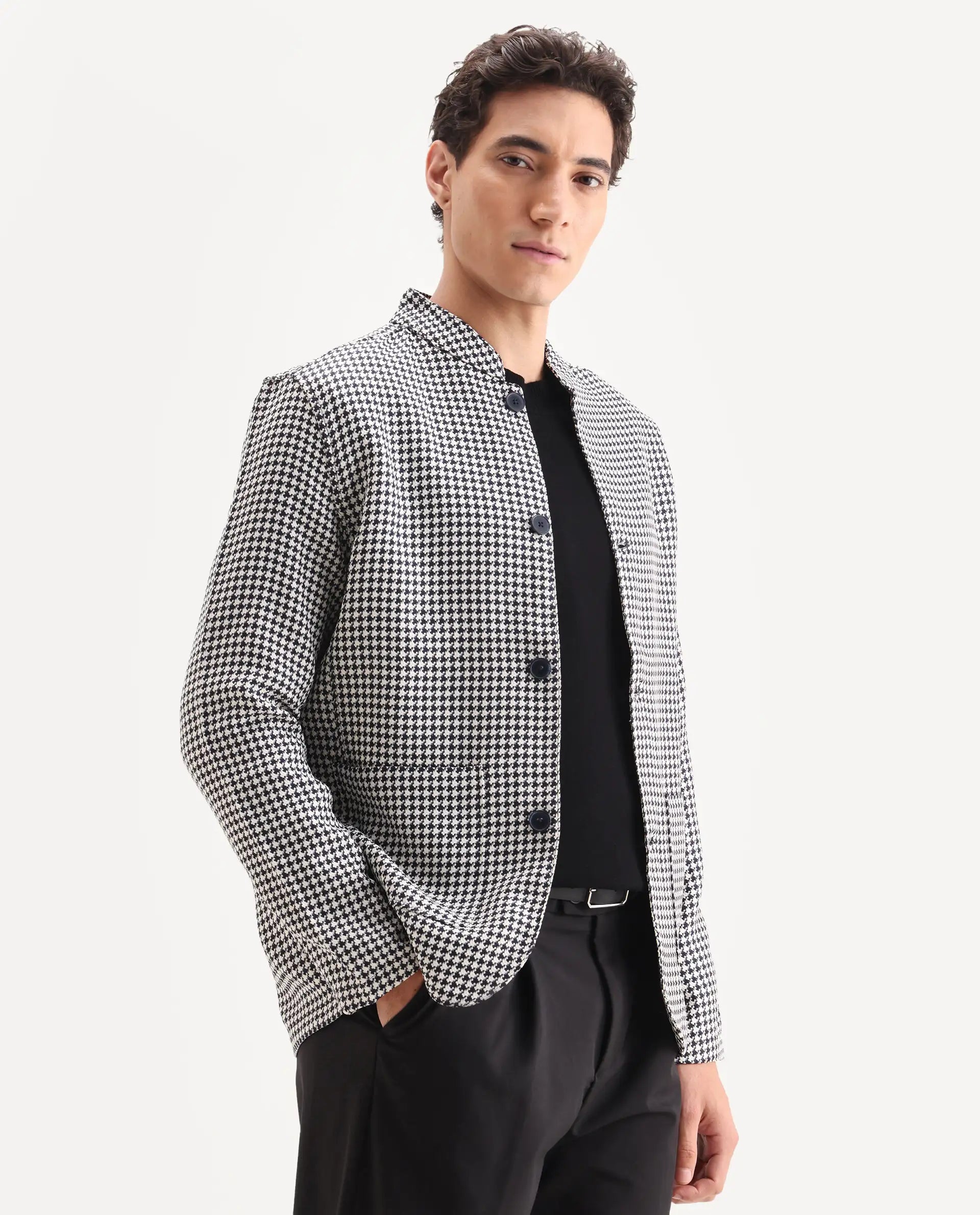 Rare Rabbit Men's Kinghound Navy Polyester Houndstooth Print Regular Fit Full Sleeve Mandarin Collar Jacket