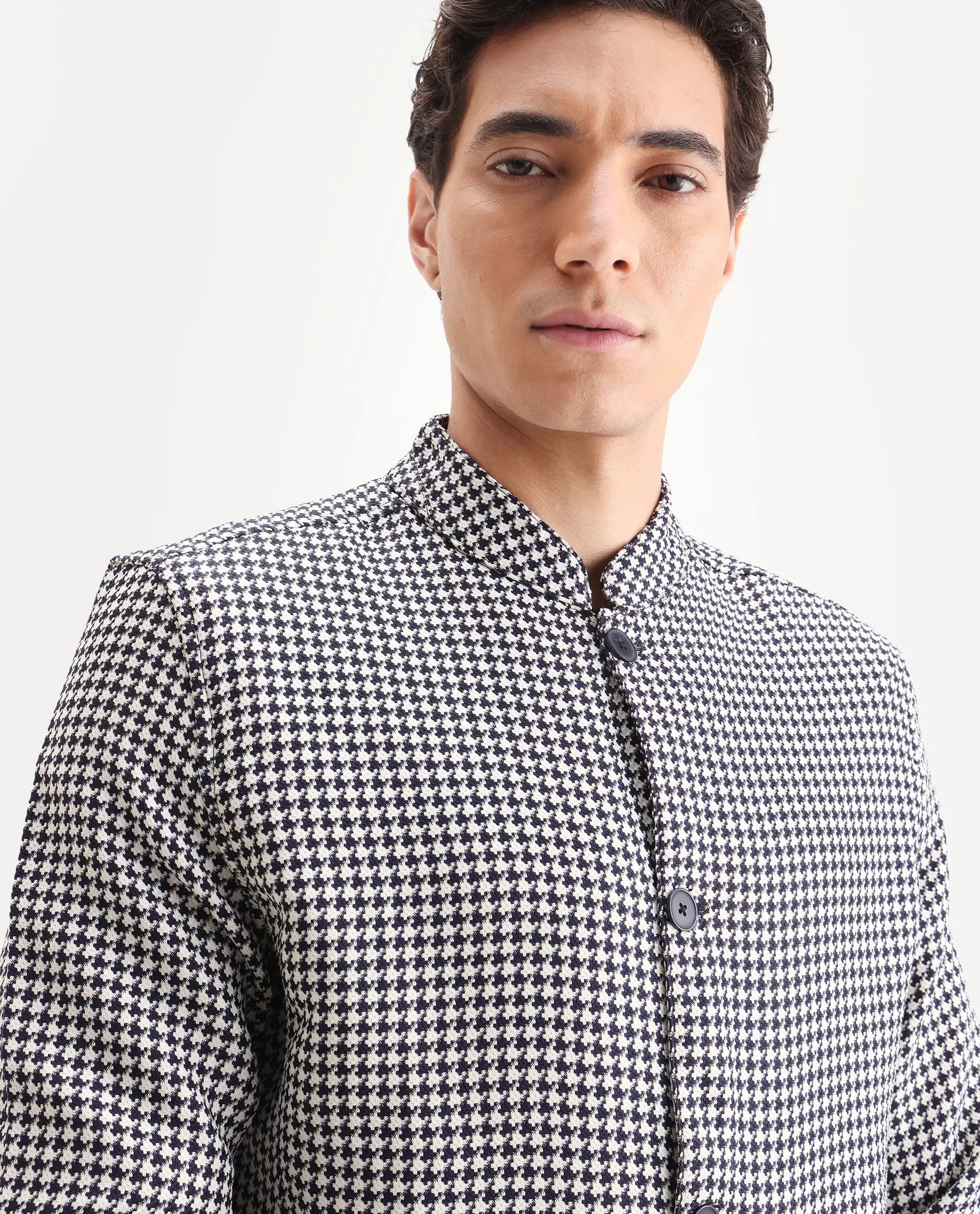 Rare Rabbit Men's Kinghound Navy Polyester Houndstooth Print Regular Fit Full Sleeve Mandarin Collar Jacket
