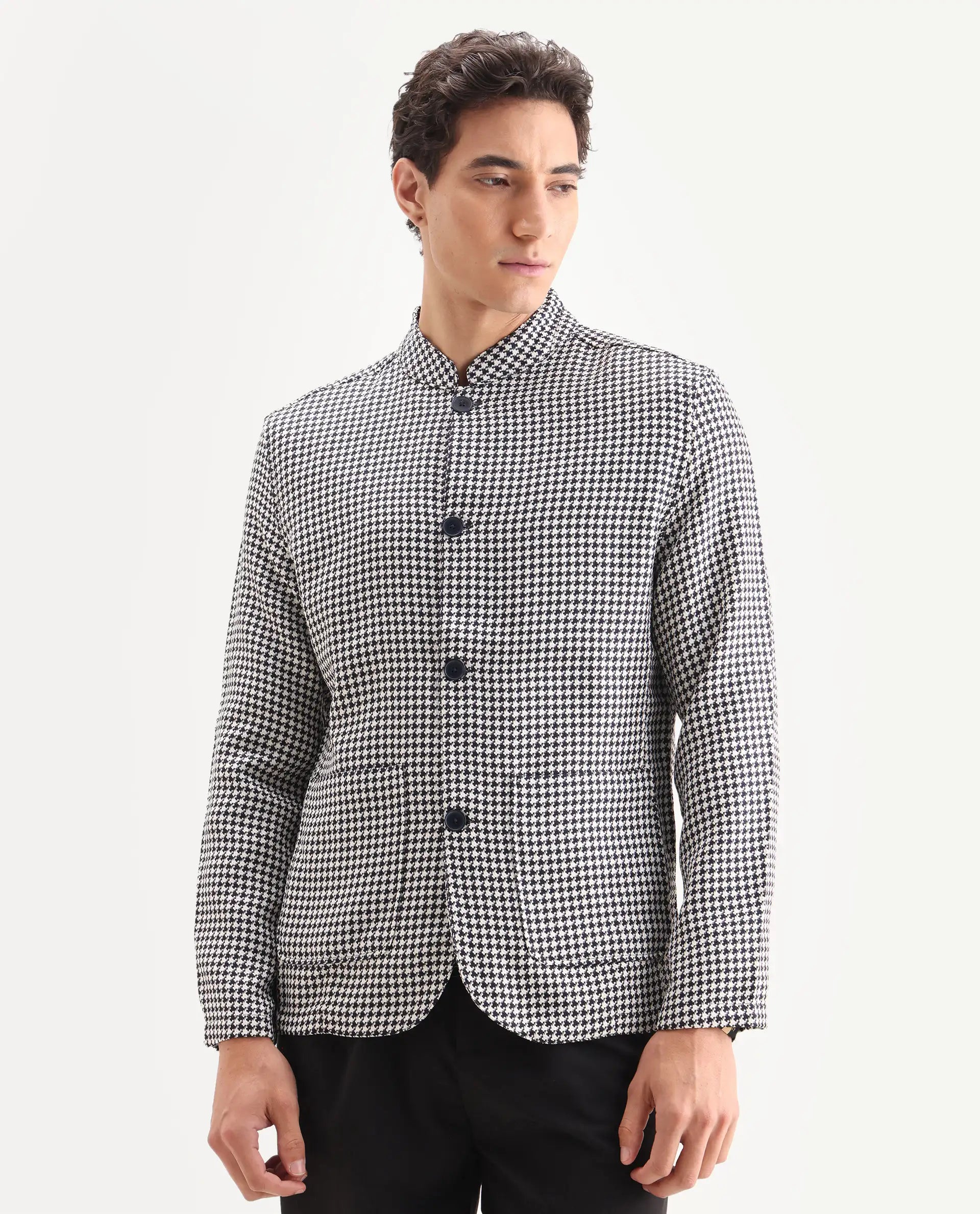 Rare Rabbit Men's Kinghound Navy Polyester Houndstooth Print Regular Fit Full Sleeve Mandarin Collar Jacket
