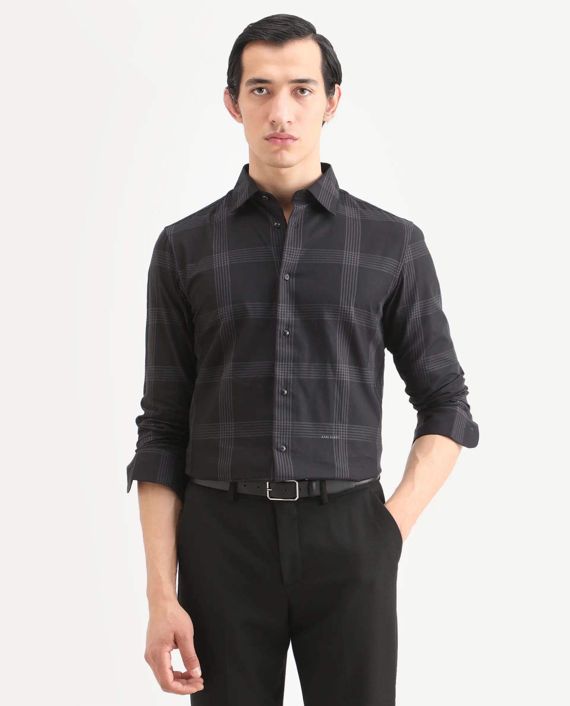 Rare Rabbit Men's Mestor Black Checked Print Regular Fit Full Sleeve Collared Shirt