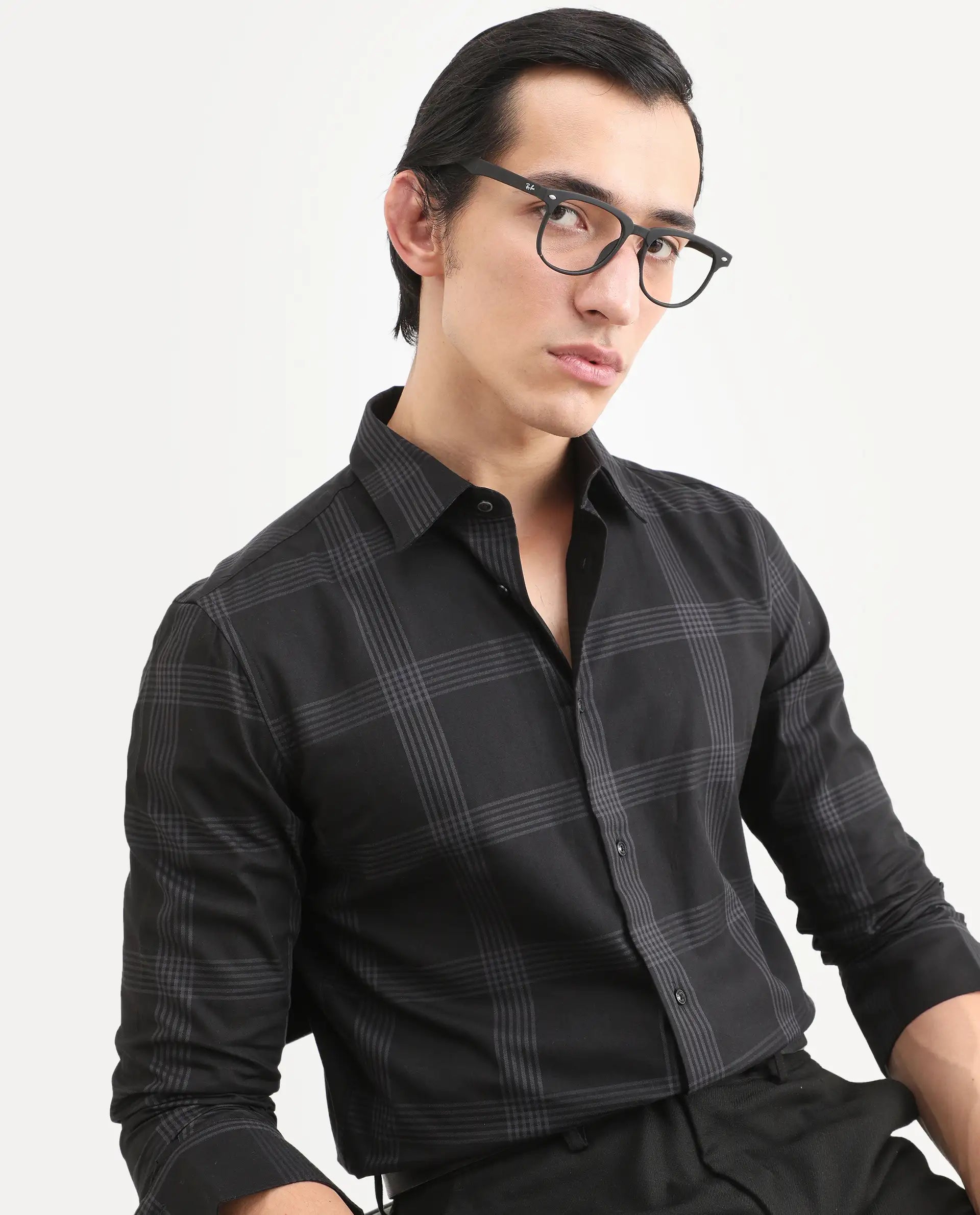 Rare Rabbit Men's Mestor Black Checked Print Regular Fit Full Sleeve Collared Shirt