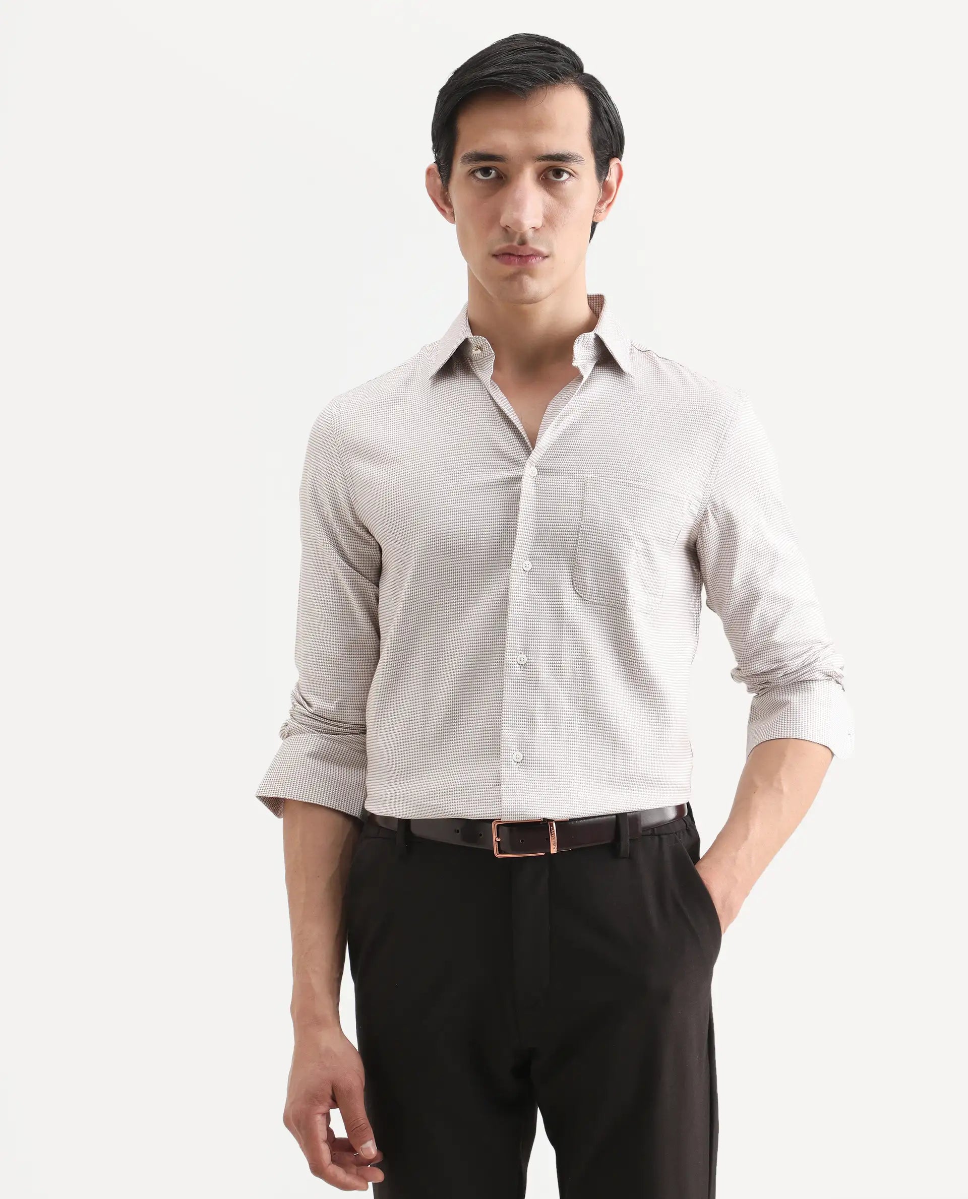 Rare Rabbit Men's Fresno Beige Cotton Dobby Print Regular Fit Full Sleeve Collared Shirt