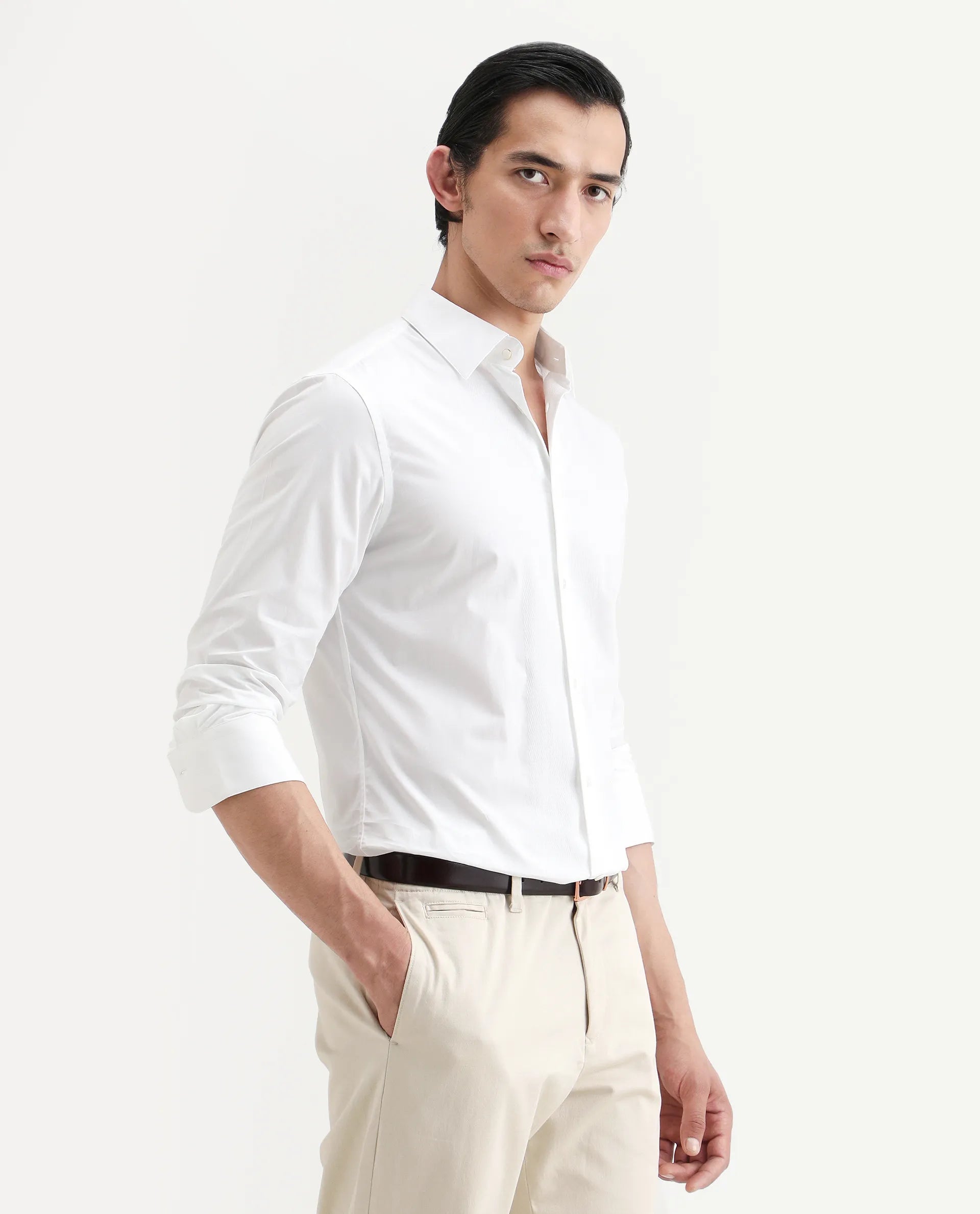 Rare Rabbit Men's Pedron White Cotton Plain Regular Fit Full Sleeve Collared Shirt