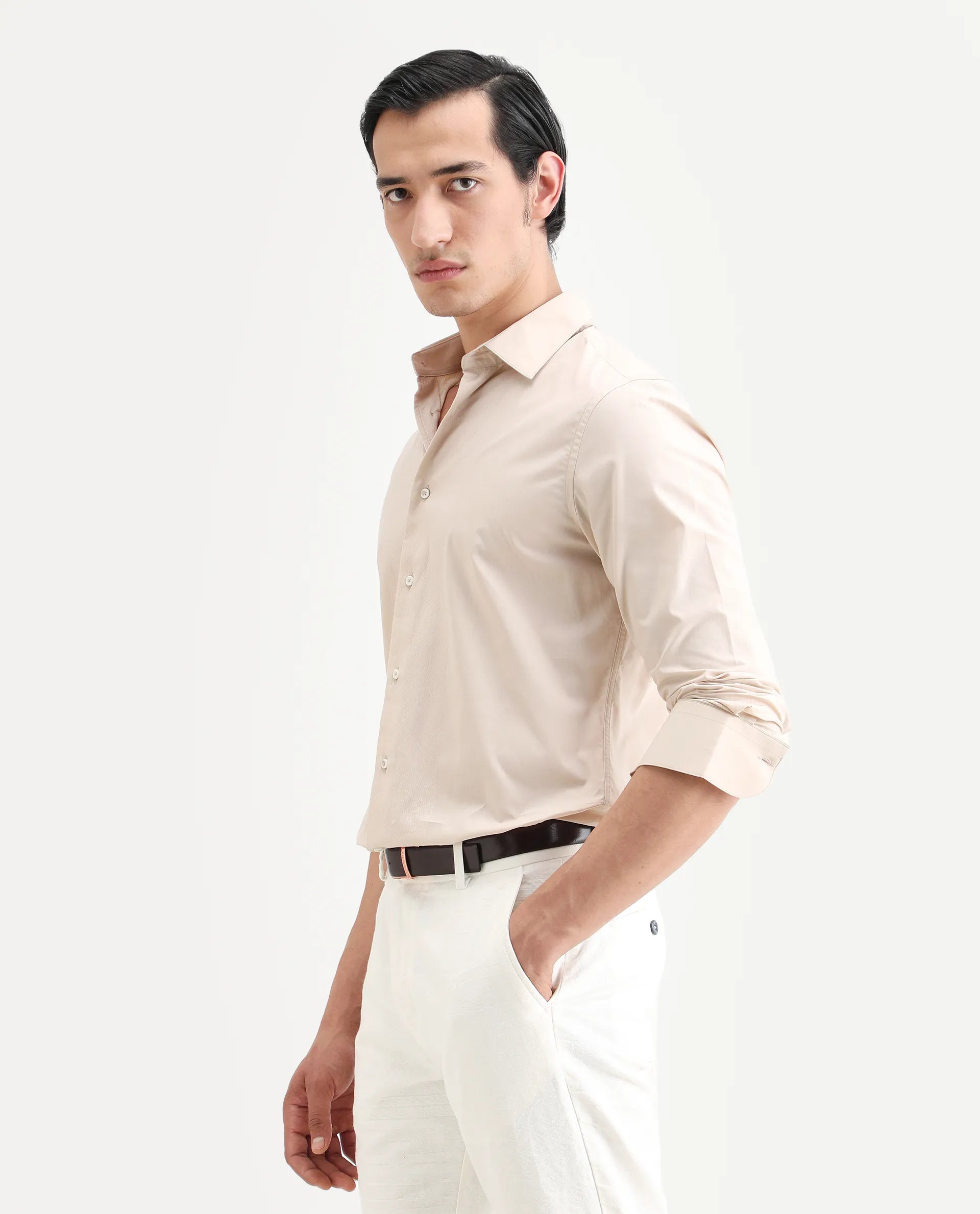 Rare Rabbit Men's Pedron Beige Cotton Plain Regular Fit Full Sleeve Collared Shirt