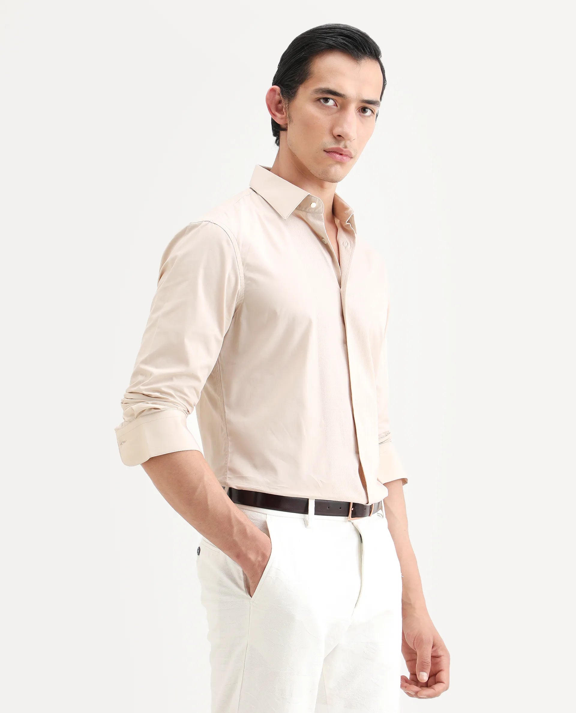 Rare Rabbit Men's Pedron Beige Cotton Plain Regular Fit Full Sleeve Collared Shirt