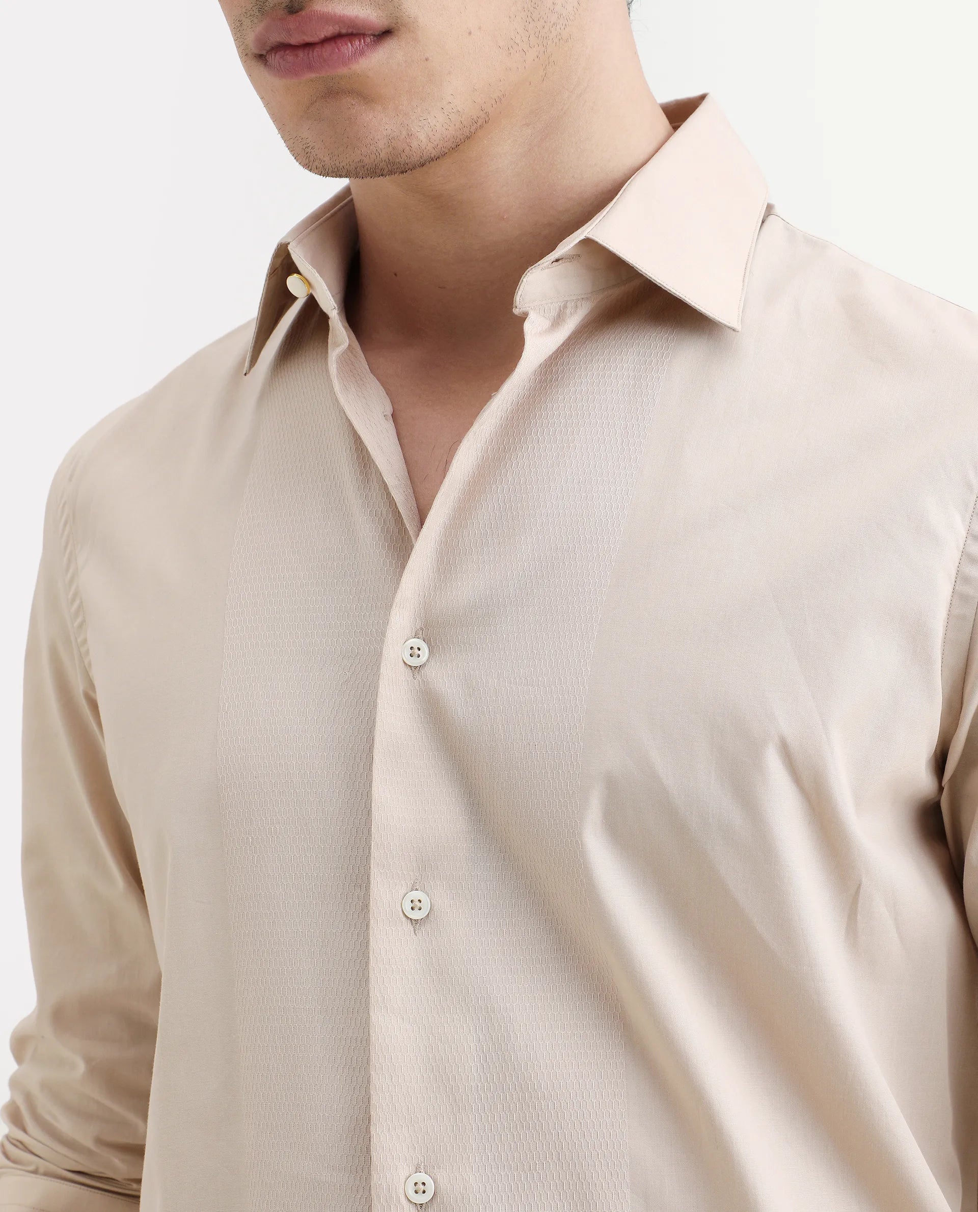 Rare Rabbit Men's Pedron Beige Cotton Plain Regular Fit Full Sleeve Collared Shirt