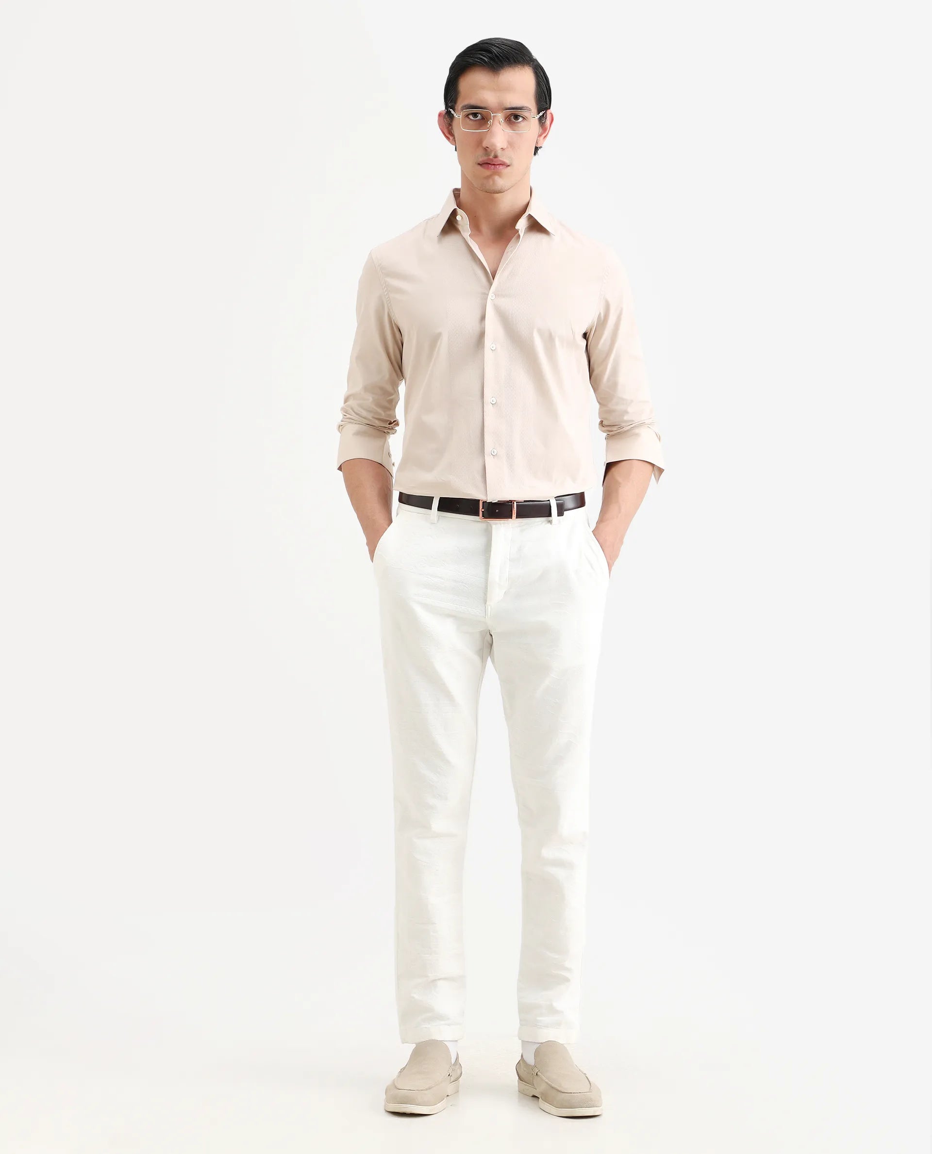 Rare Rabbit Men's Pedron Beige Cotton Plain Regular Fit Full Sleeve Collared Shirt