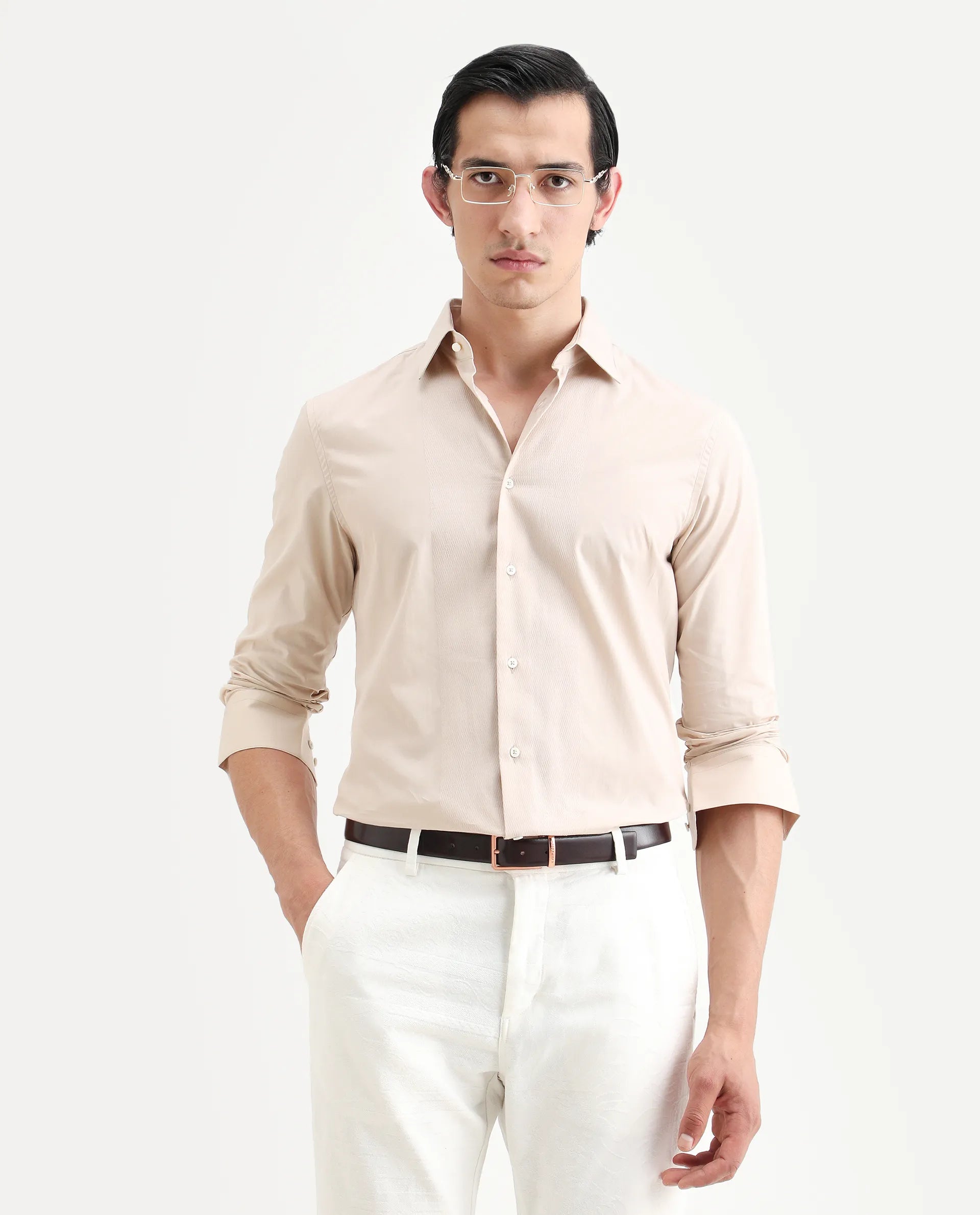 Rare Rabbit Men's Pedron Beige Cotton Plain Regular Fit Full Sleeve Collared Shirt
