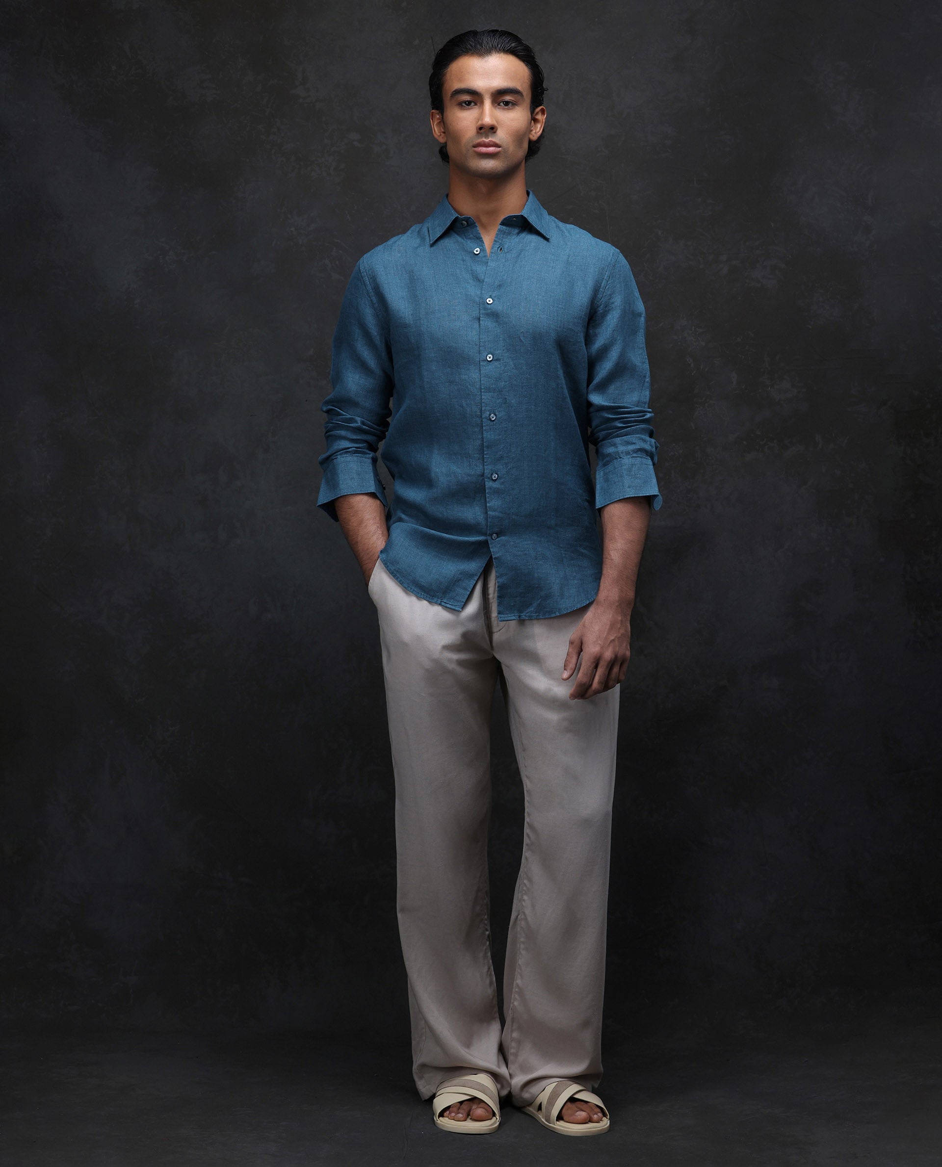 Rare Rabbit Men's Dalin Blue 100% Linen Plain Regular Fit Full Sleeve Collared Shirt