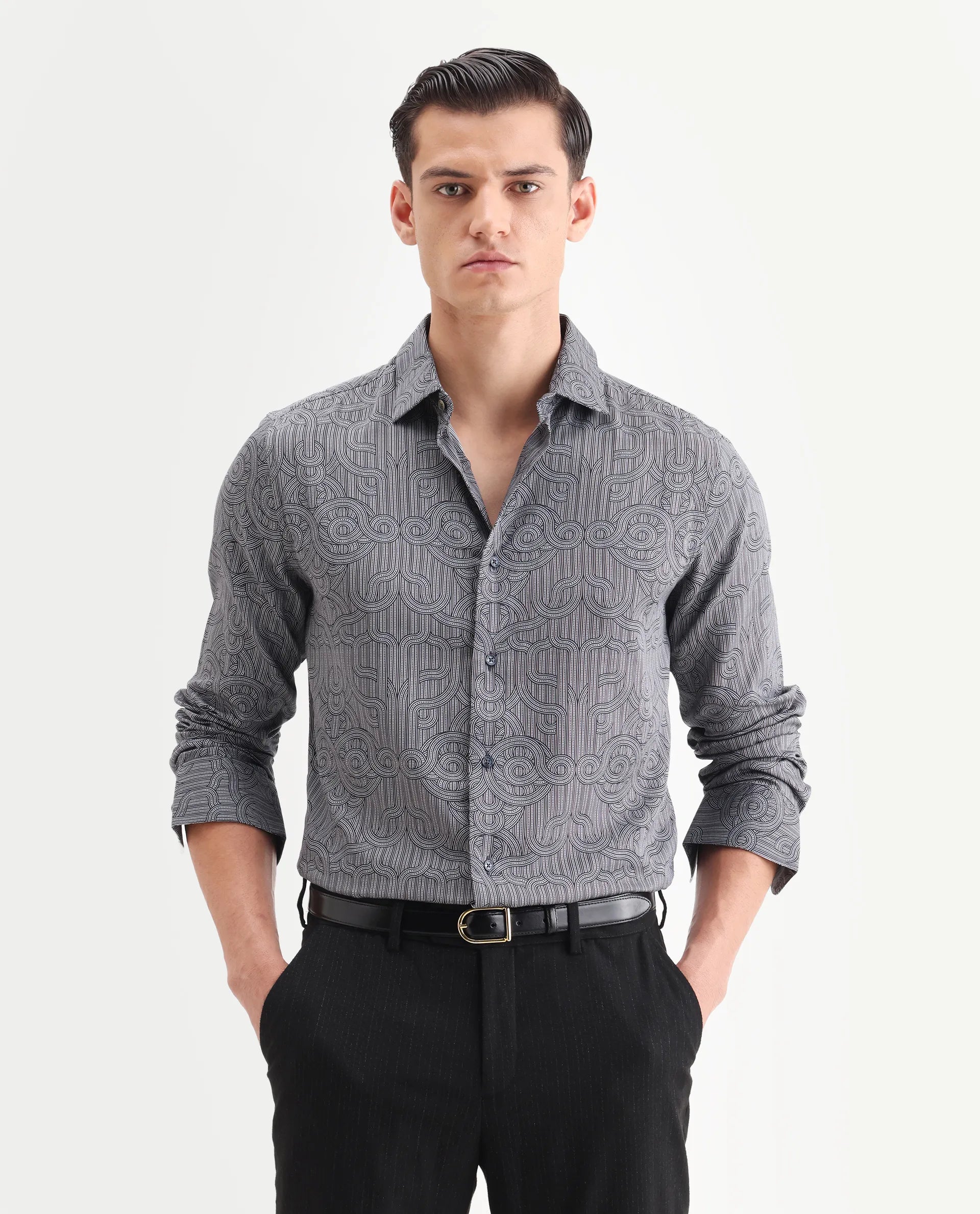 Rare Rabbit Men's Orly - Dark Grey Cotton Decorative Print Regular Fit Full Sleeve Collared Shirt