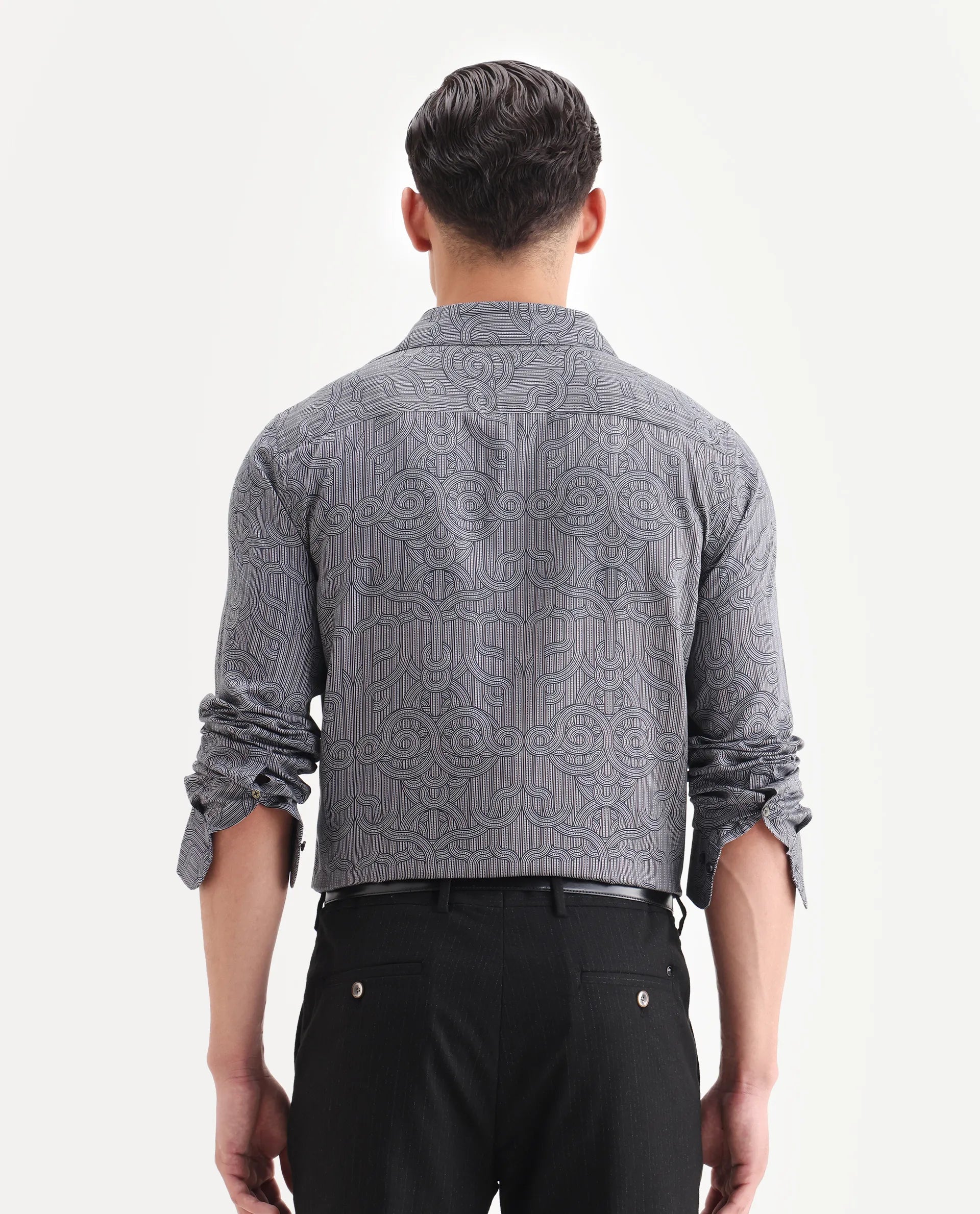 Rare Rabbit Men's Orly - Dark Grey Cotton Decorative Print Regular Fit Full Sleeve Collared Shirt