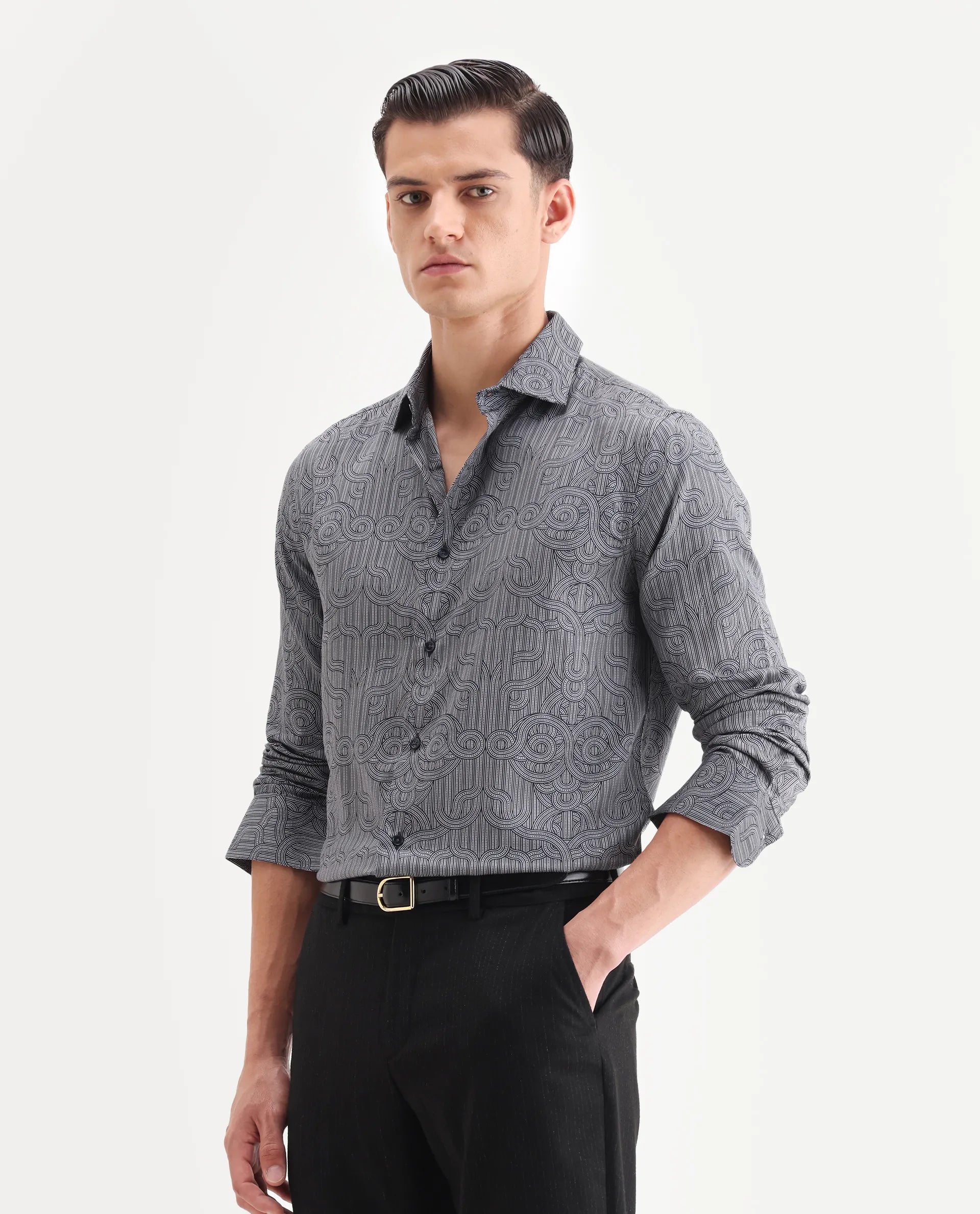 Rare Rabbit Men's Orly - Dark Grey Cotton Decorative Print Regular Fit Full Sleeve Collared Shirt