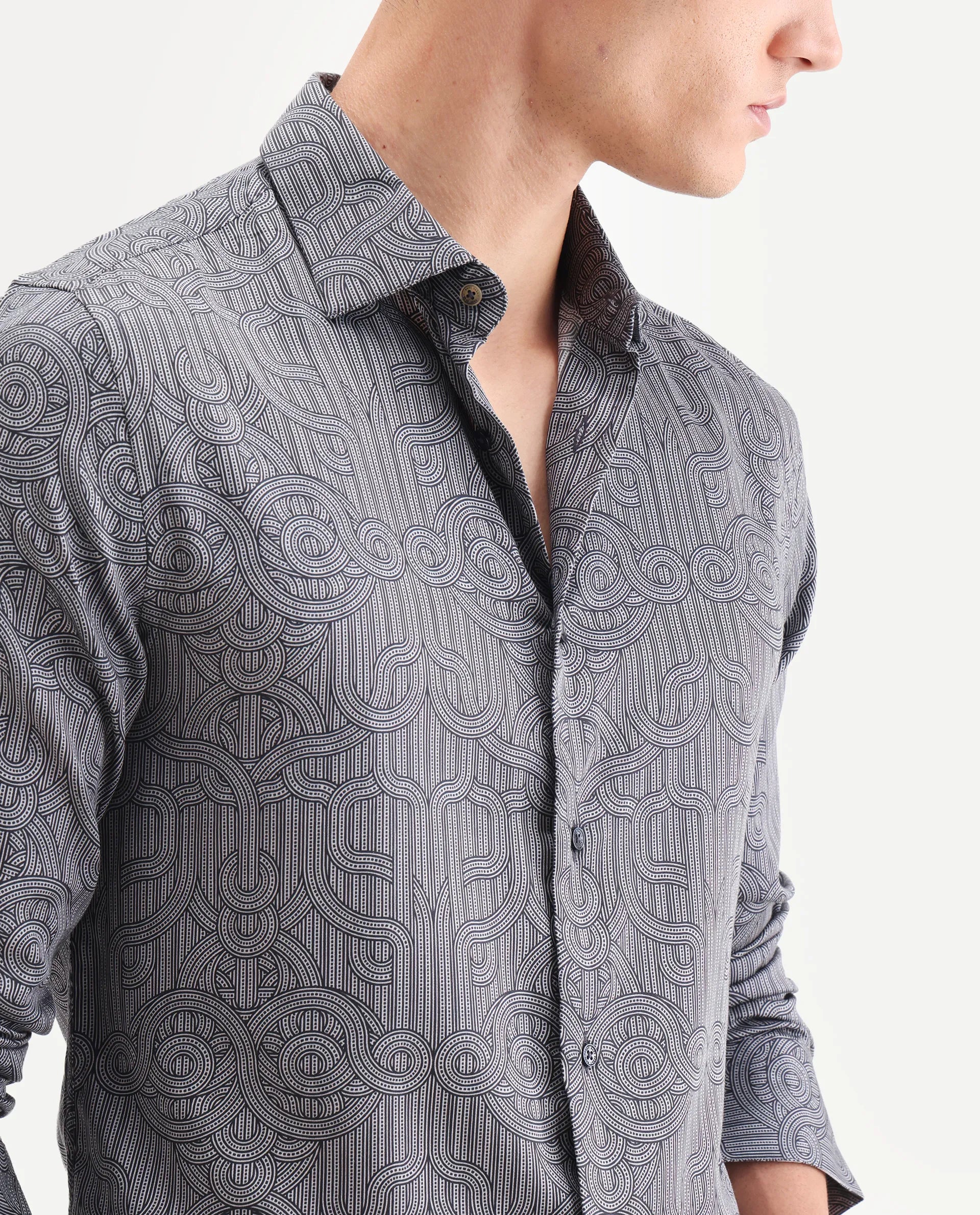 Rare Rabbit Men's Orly - Dark Grey Cotton Decorative Print Regular Fit Full Sleeve Collared Shirt