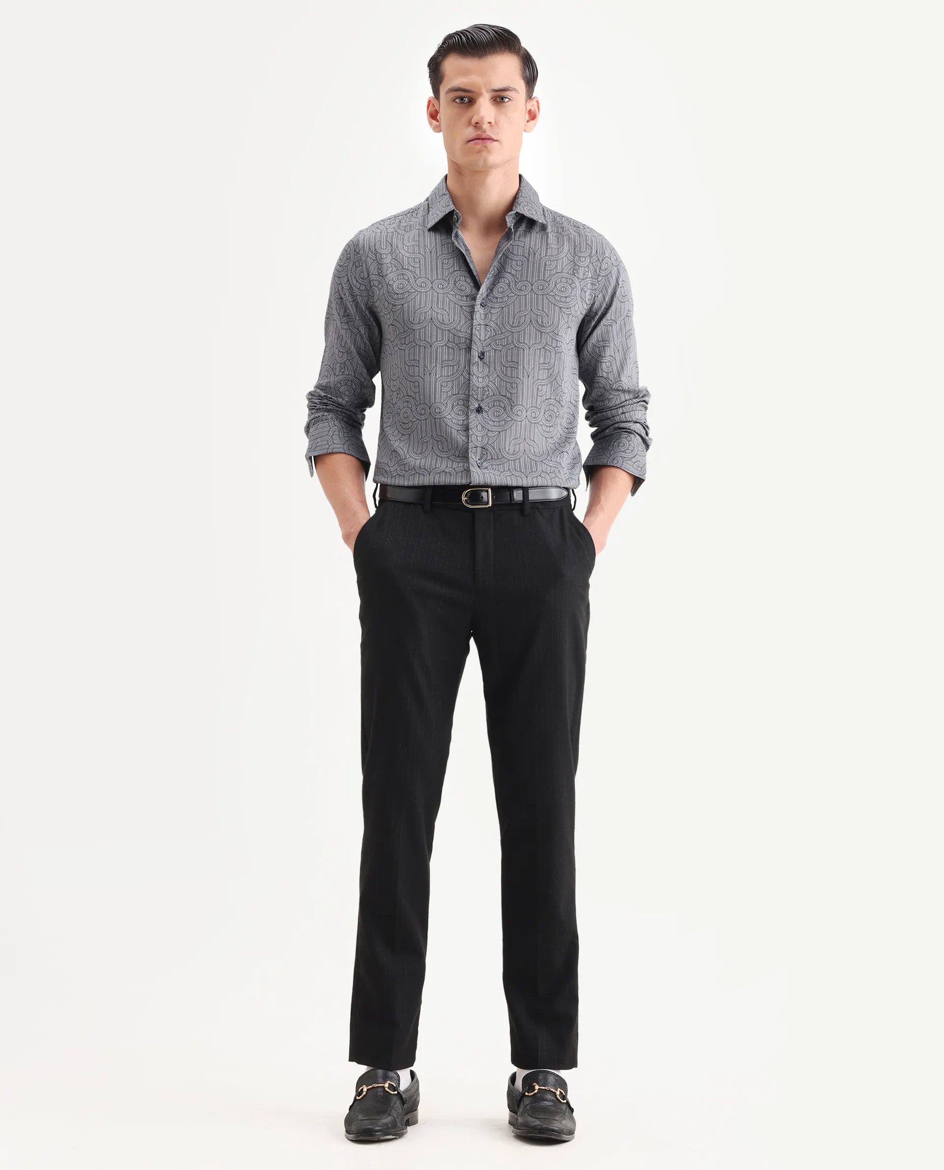 Rare Rabbit Men's Orly - Dark Grey Cotton Decorative Print Regular Fit Full Sleeve Collared Shirt