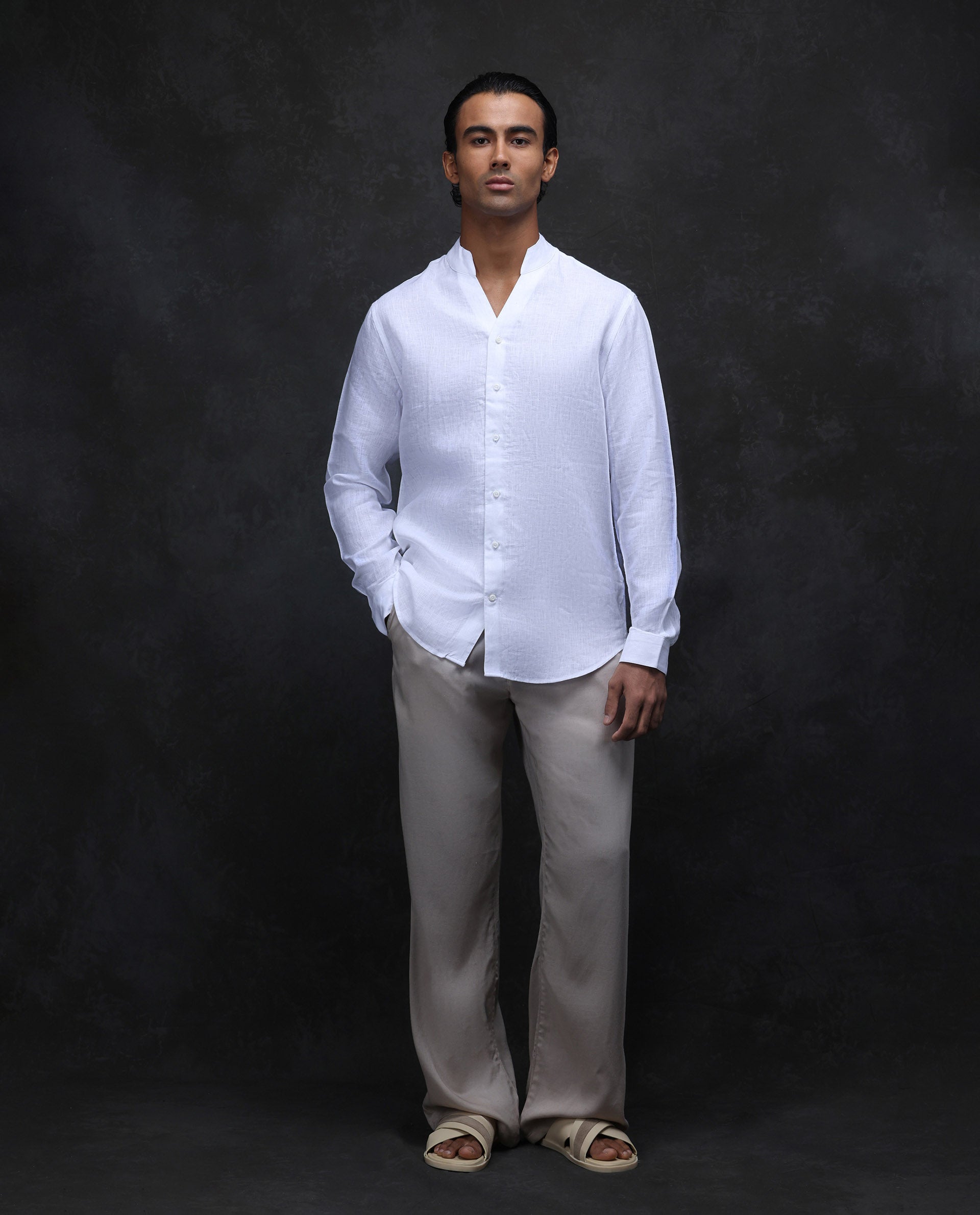 Rare Rabbit Men's Fig White 100% Linen Plain Regular Fit Full Sleeve Collared Shirt