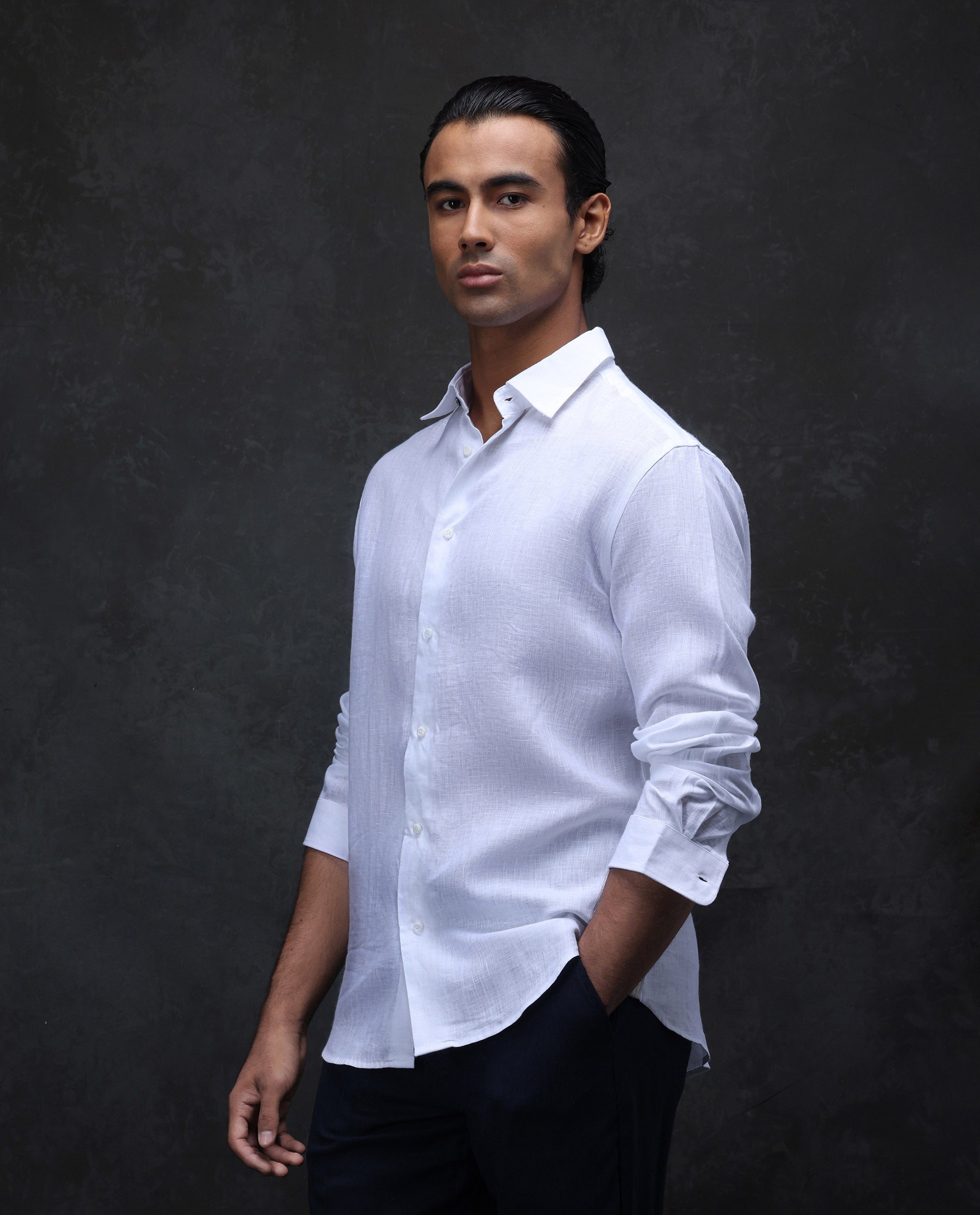 Rare Rabbit Men's Fign White 100% Linen Plain Regular Fit Full Sleeve Collared Shirt