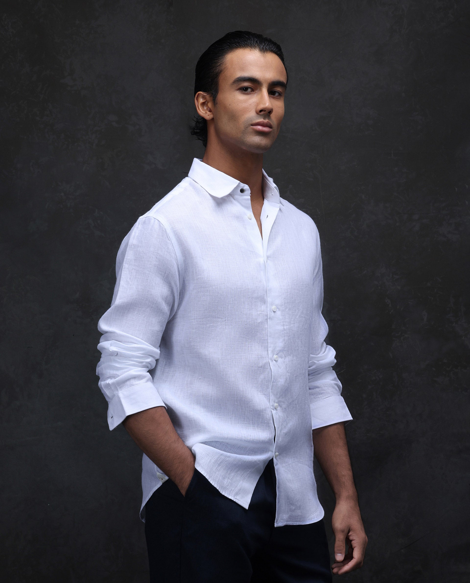 Rare Rabbit Men's Fign White 100% Linen Plain Regular Fit Full Sleeve Collared Shirt