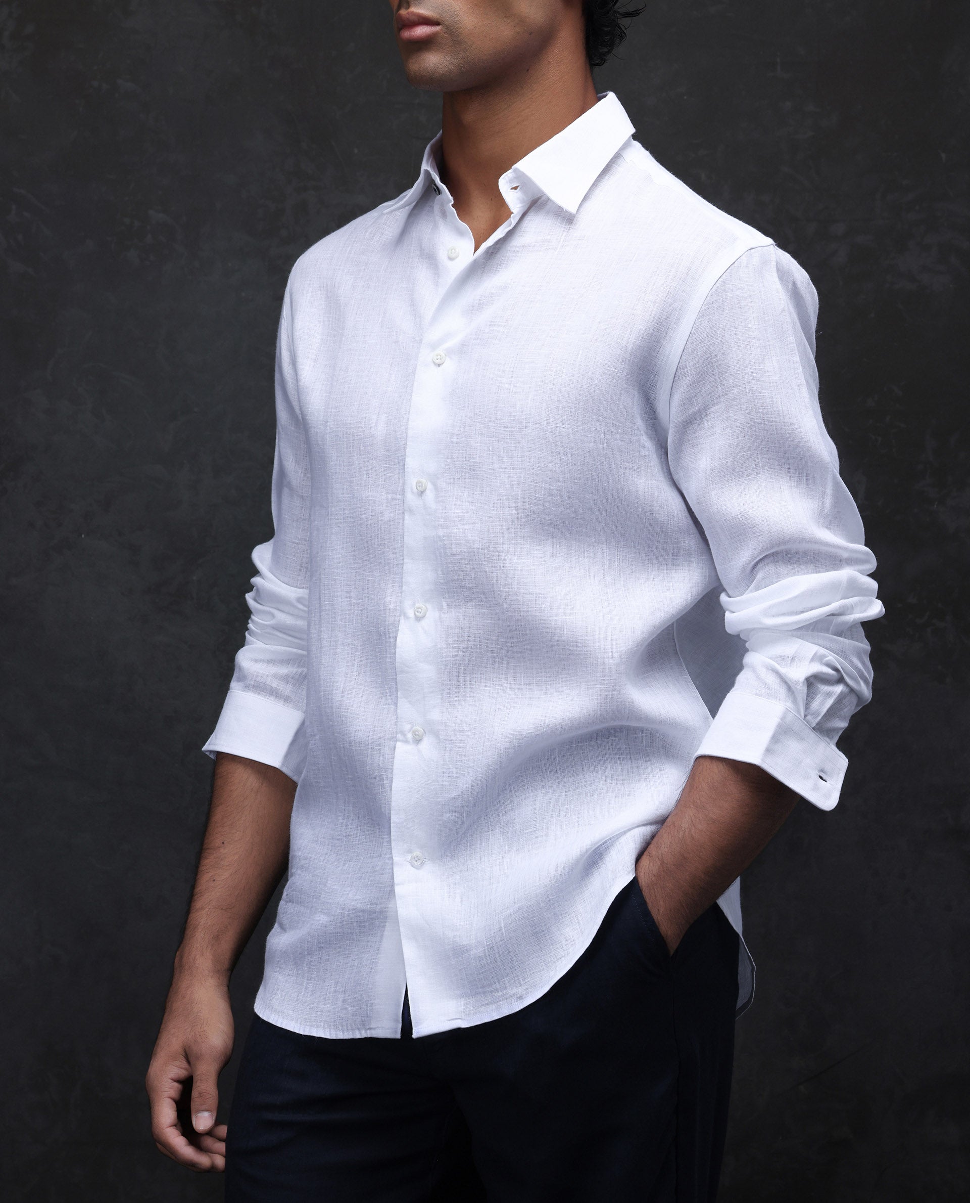 Rare Rabbit Men's Fign White 100% Linen Plain Regular Fit Full Sleeve Collared Shirt