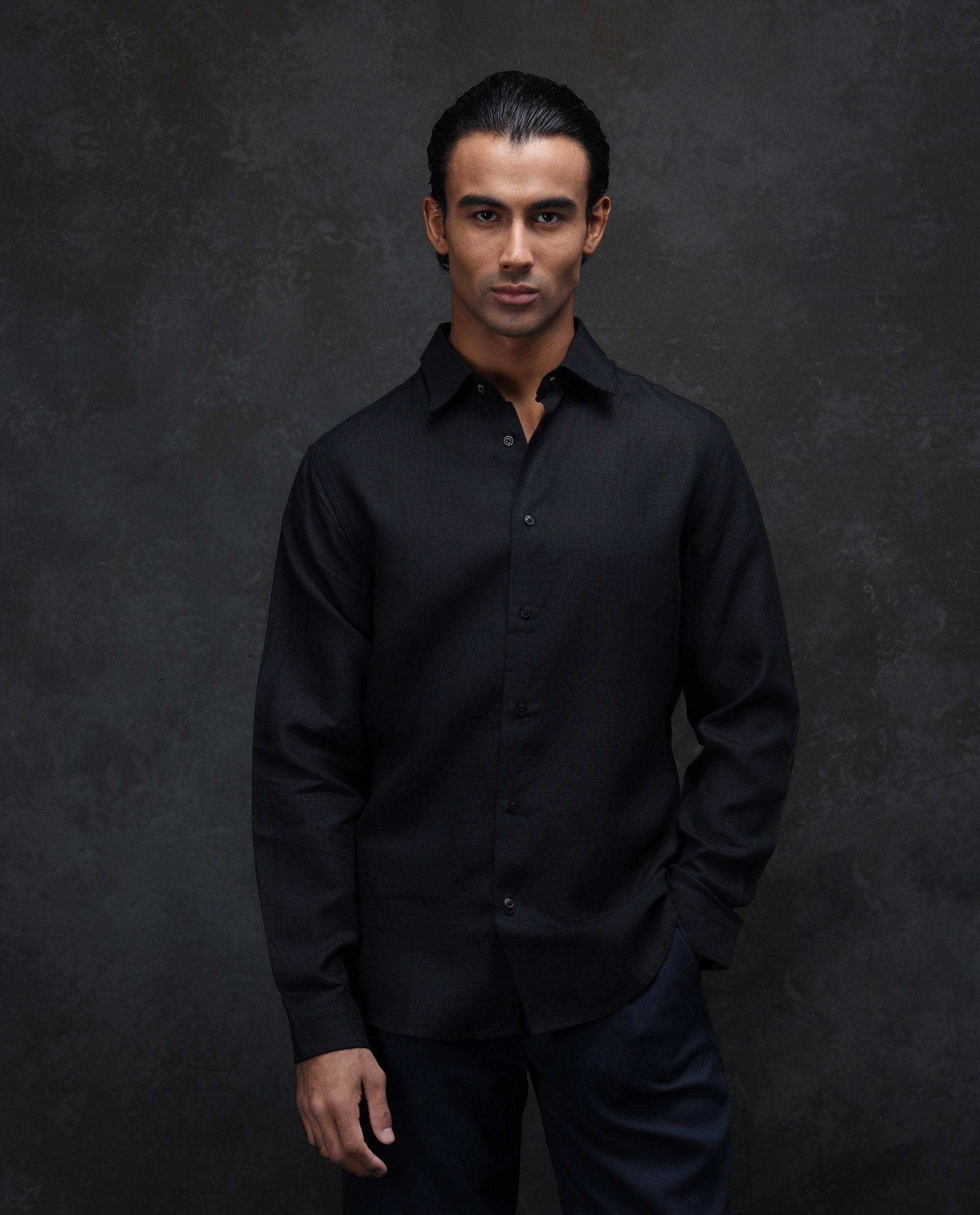 Rare Rabbit Men's Fign Black 100% Linen Plain Regular Fit Full Sleeve Collared Shirt