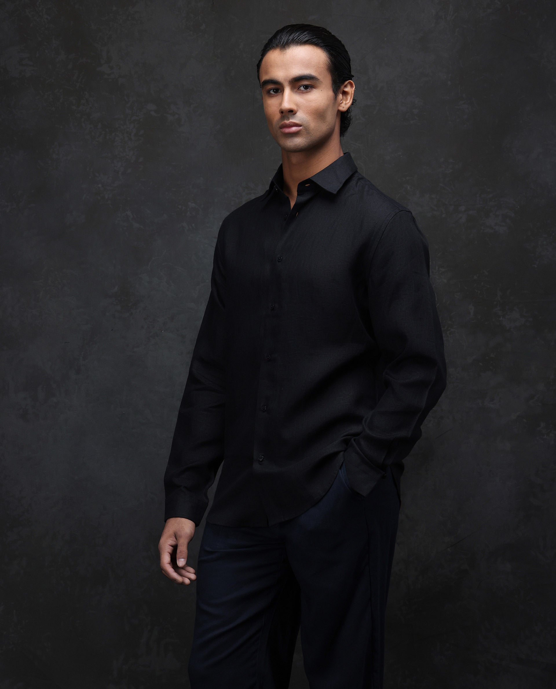 Rare Rabbit Men's Fign Black 100% Linen Plain Regular Fit Full Sleeve Collared Shirt