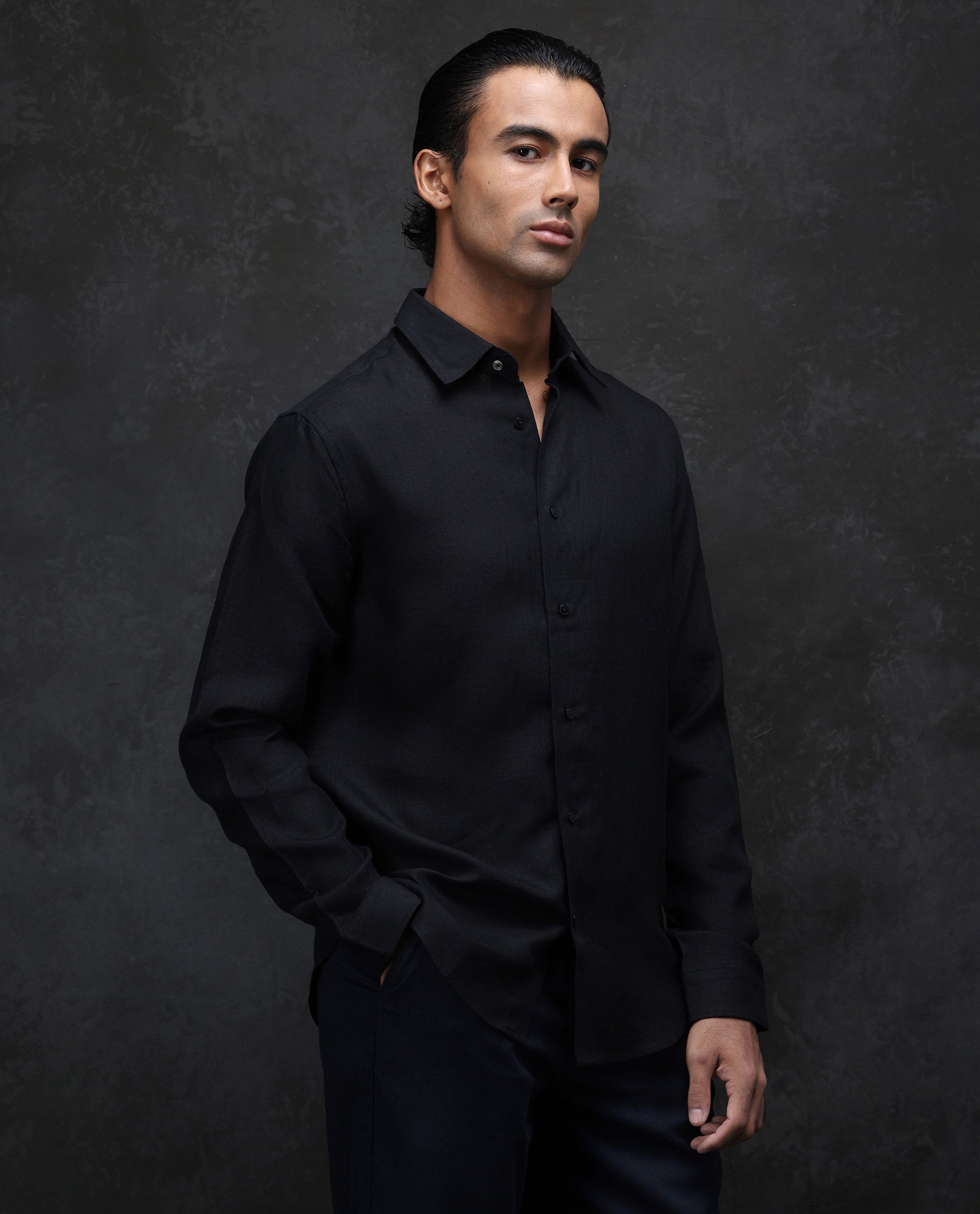 Rare Rabbit Men's Fign Black 100% Linen Plain Regular Fit Full Sleeve Collared Shirt