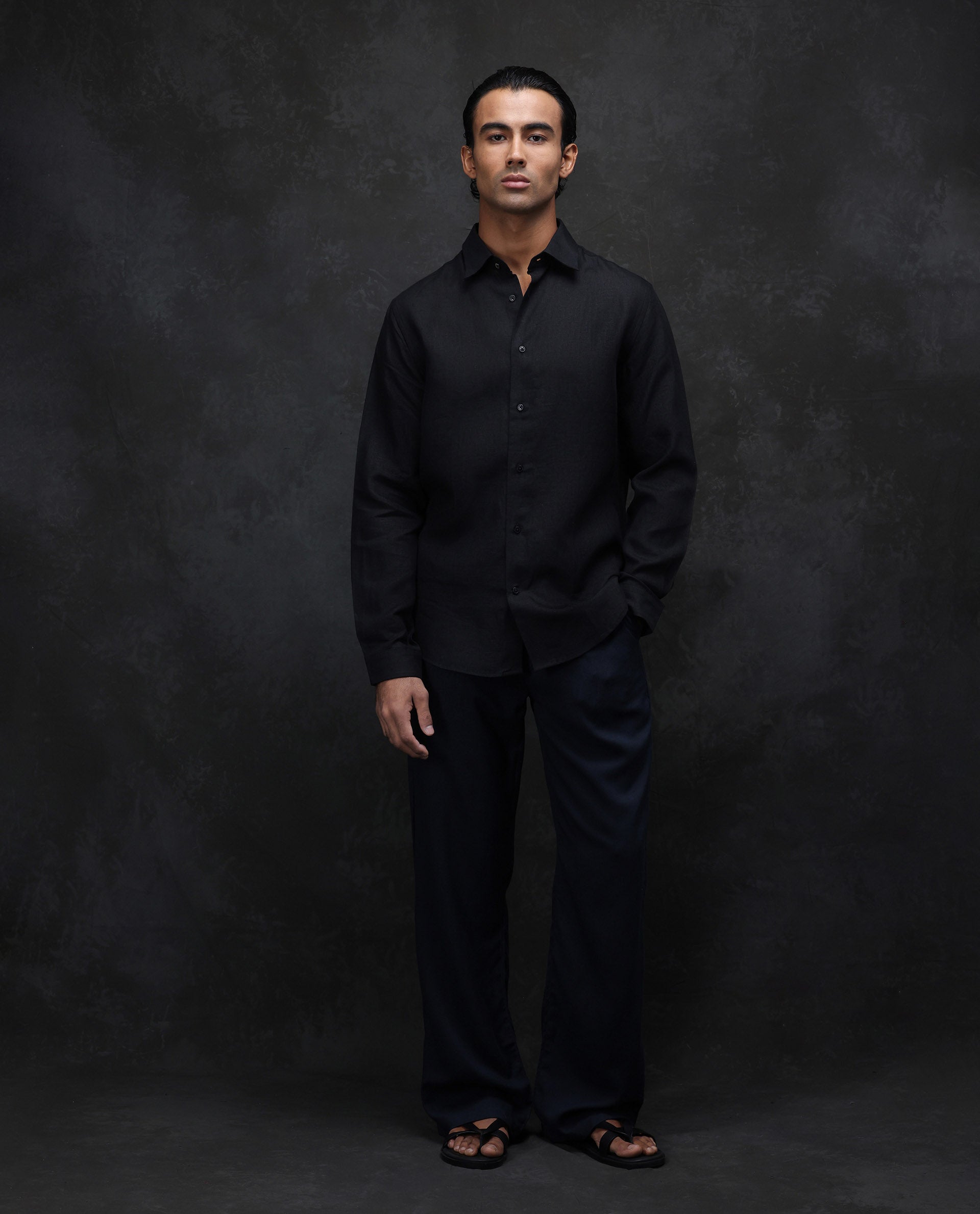 Rare Rabbit Men's Fign Black 100% Linen Plain Regular Fit Full Sleeve Collared Shirt