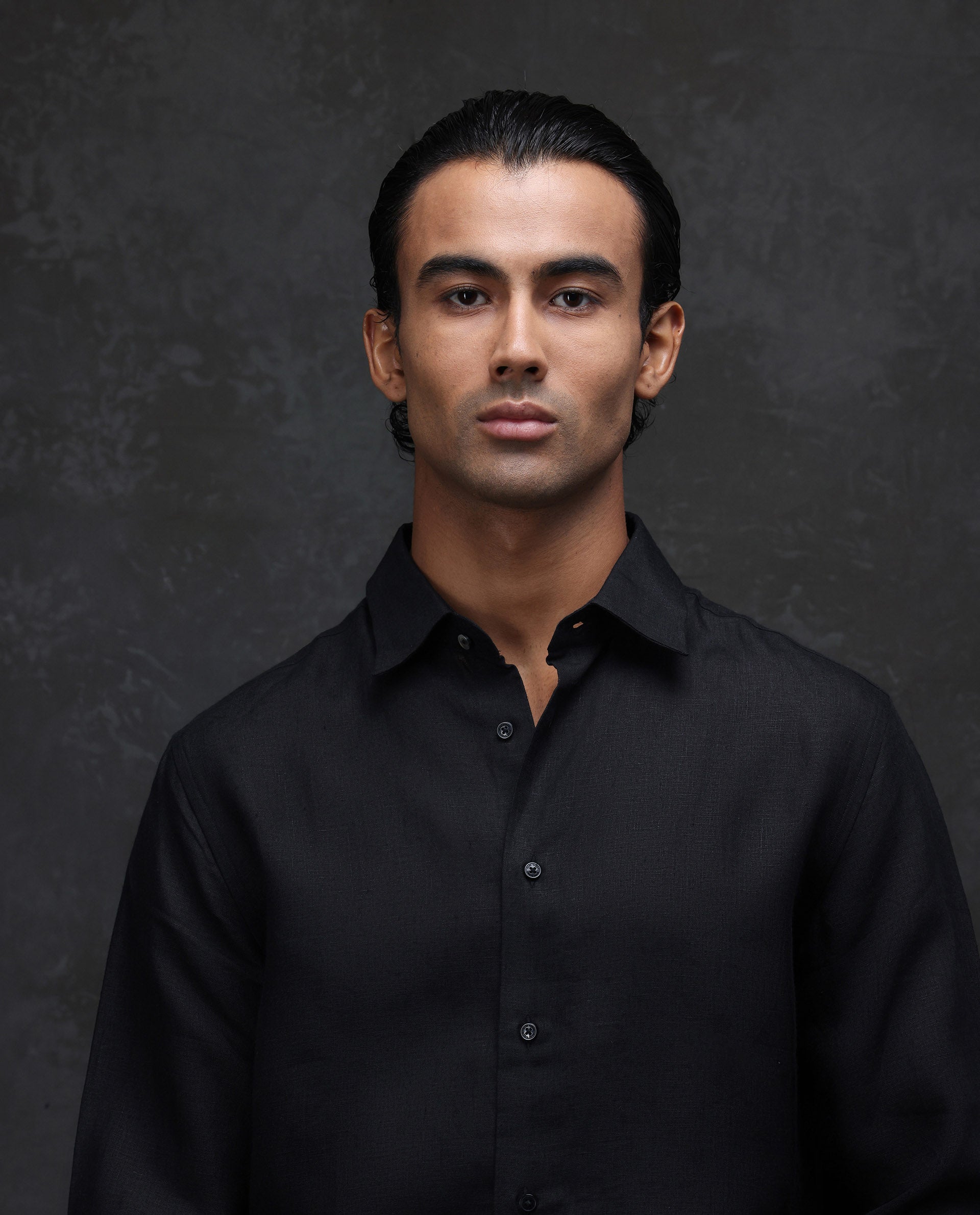 Rare Rabbit Men's Fign Black 100% Linen Plain Regular Fit Full Sleeve Collared Shirt