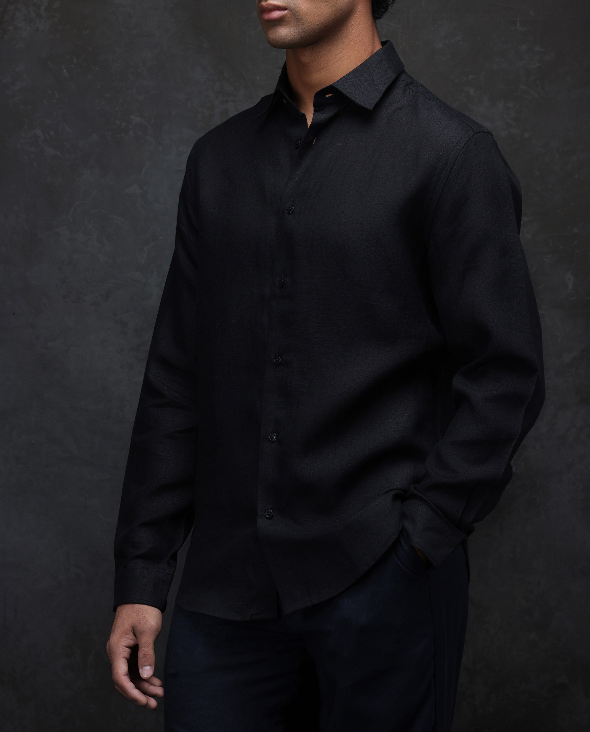 Rare Rabbit Men's Fign Black 100% Linen Plain Regular Fit Full Sleeve Collared Shirt