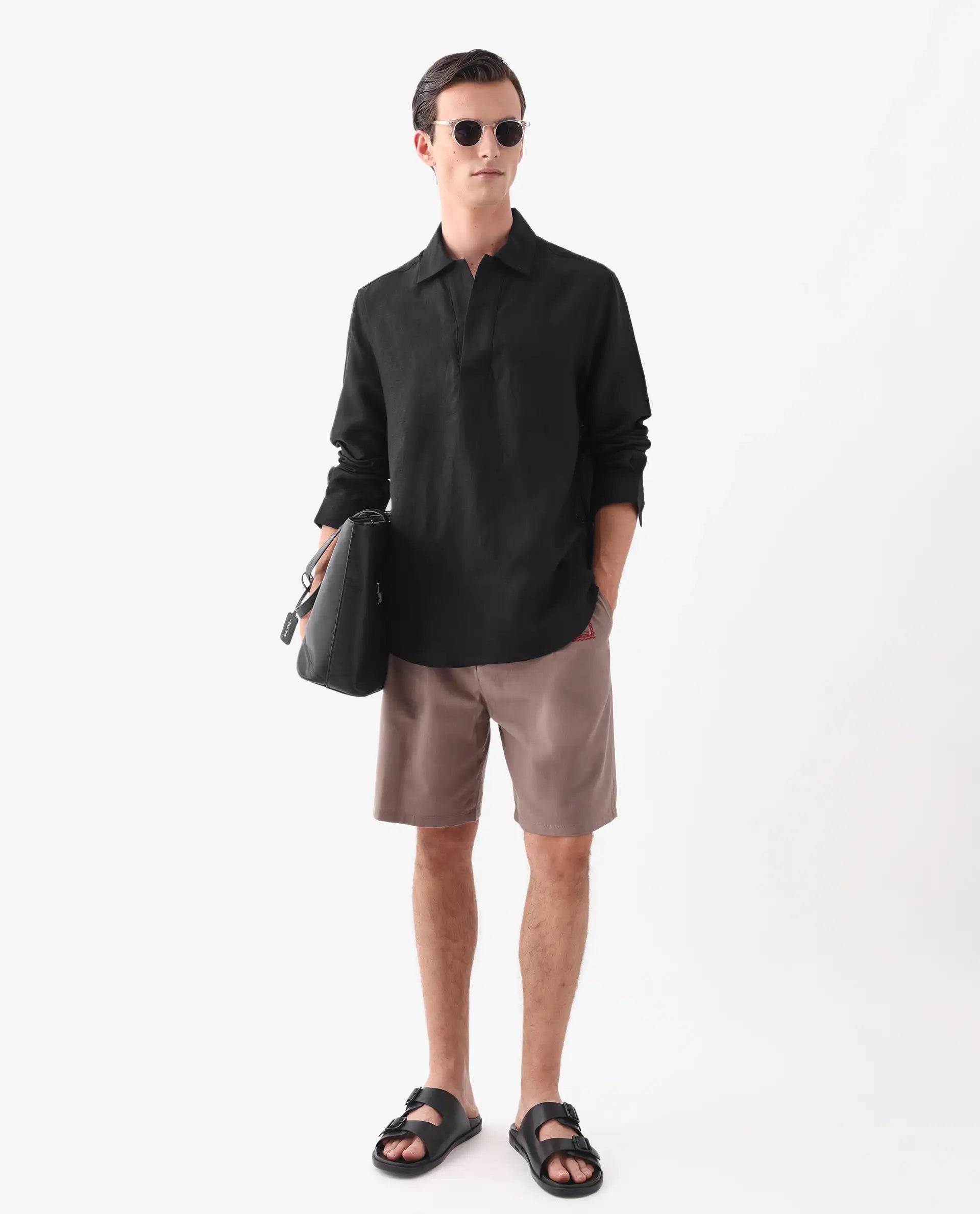 Rare Rabbit Men's Figh Black 100% Linen Plain Regular Fit Full Sleeve Collared Shirt