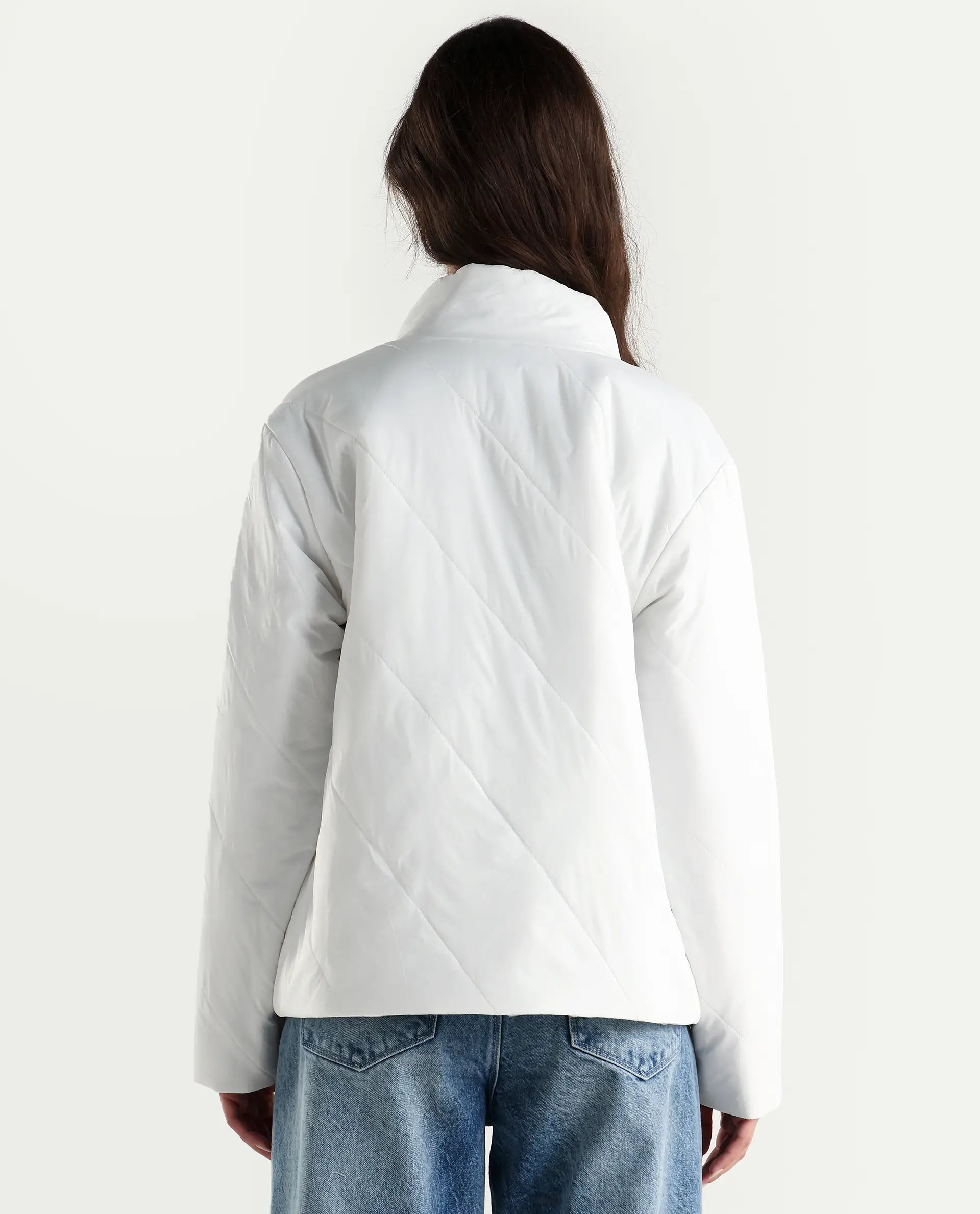 Rareism Women's Sapell Off White Polyester Stand Collar Geometric Print Boxy Fit Jacket