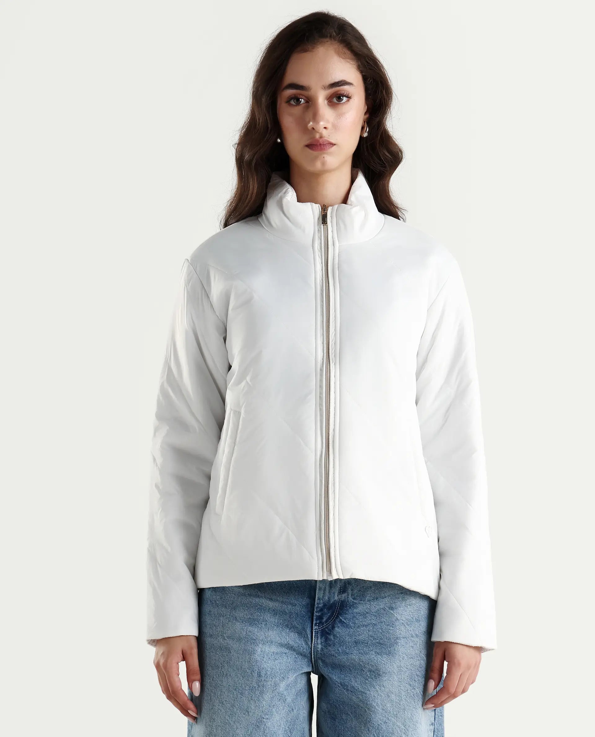 Rareism Women's Sapell Off White Polyester Stand Collar Geometric Print Boxy Fit Jacket