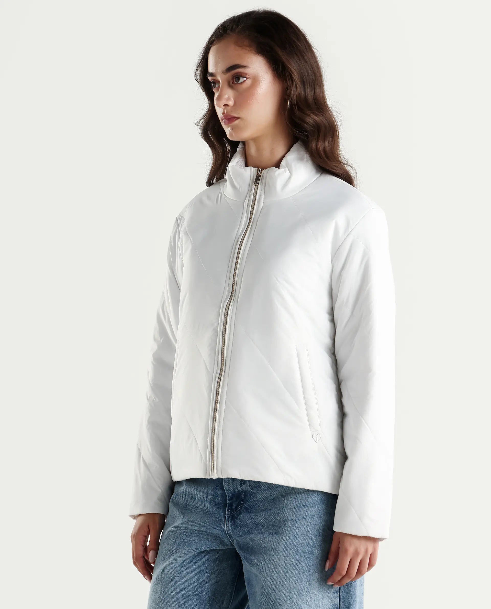 Rareism Women's Sapell Off White Polyester Stand Collar Geometric Print Boxy Fit Jacket