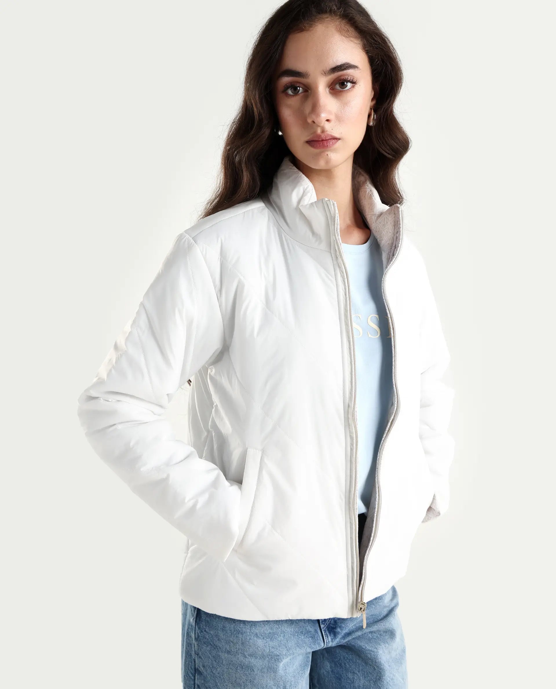 Rareism Women's Sapell Off White Polyester Stand Collar Geometric Print Boxy Fit Jacket