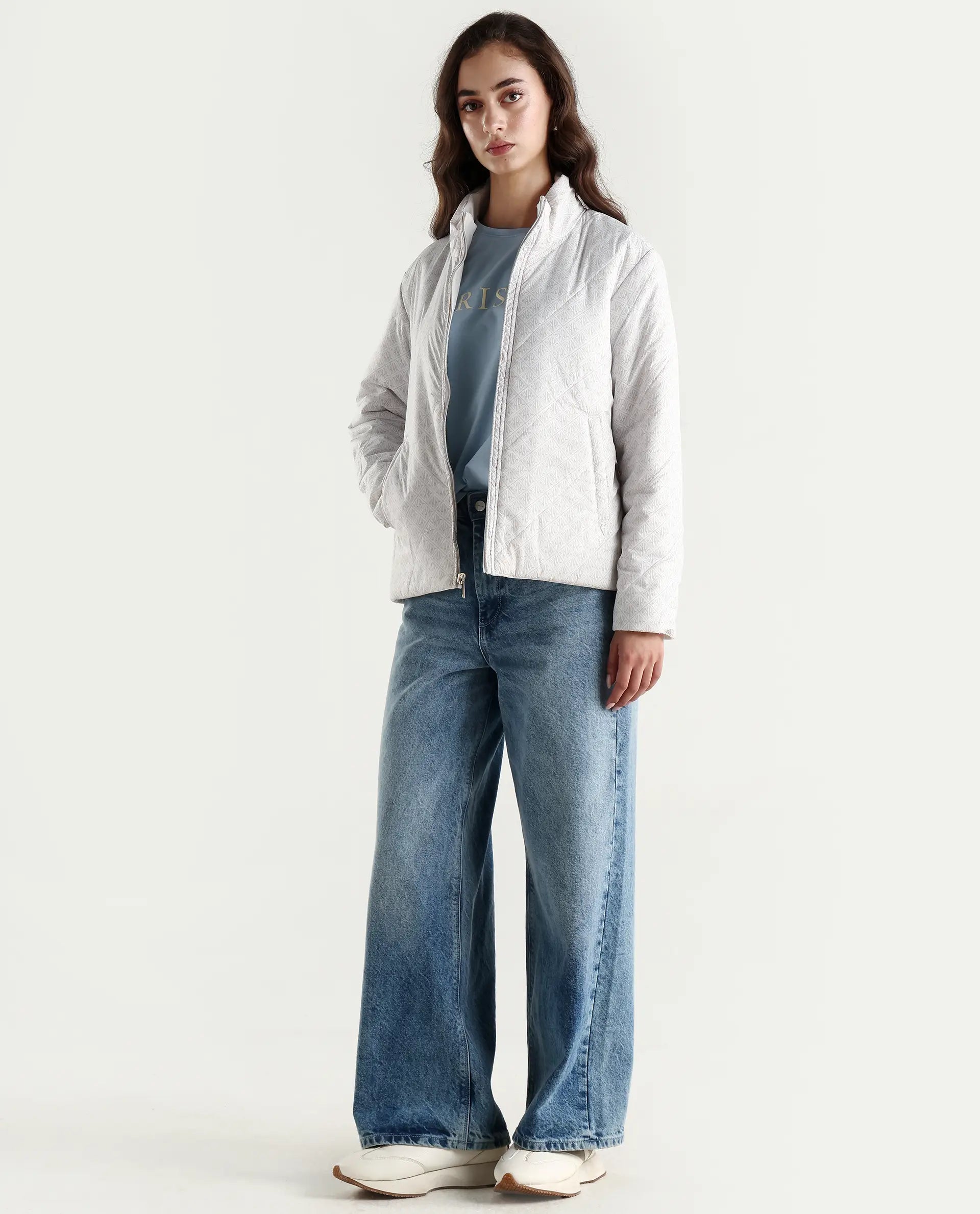 Rareism Women's Sapell Off White Polyester Stand Collar Geometric Print Boxy Fit Jacket