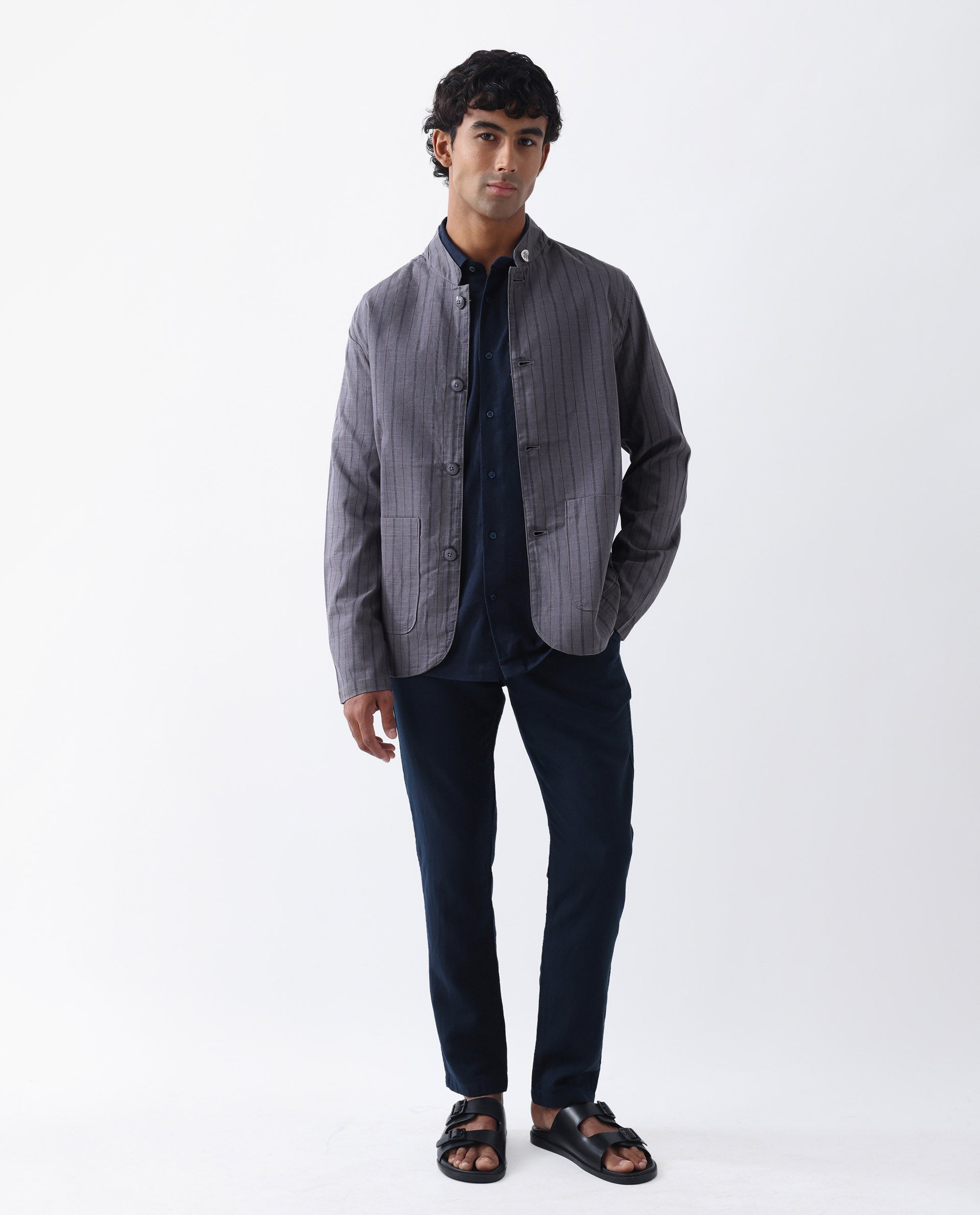 Rare Rabbit Men's Miler Dusky Purple Linen Blend Striped Print Regular Fit Full Sleeve Mandarin Collar Jacket